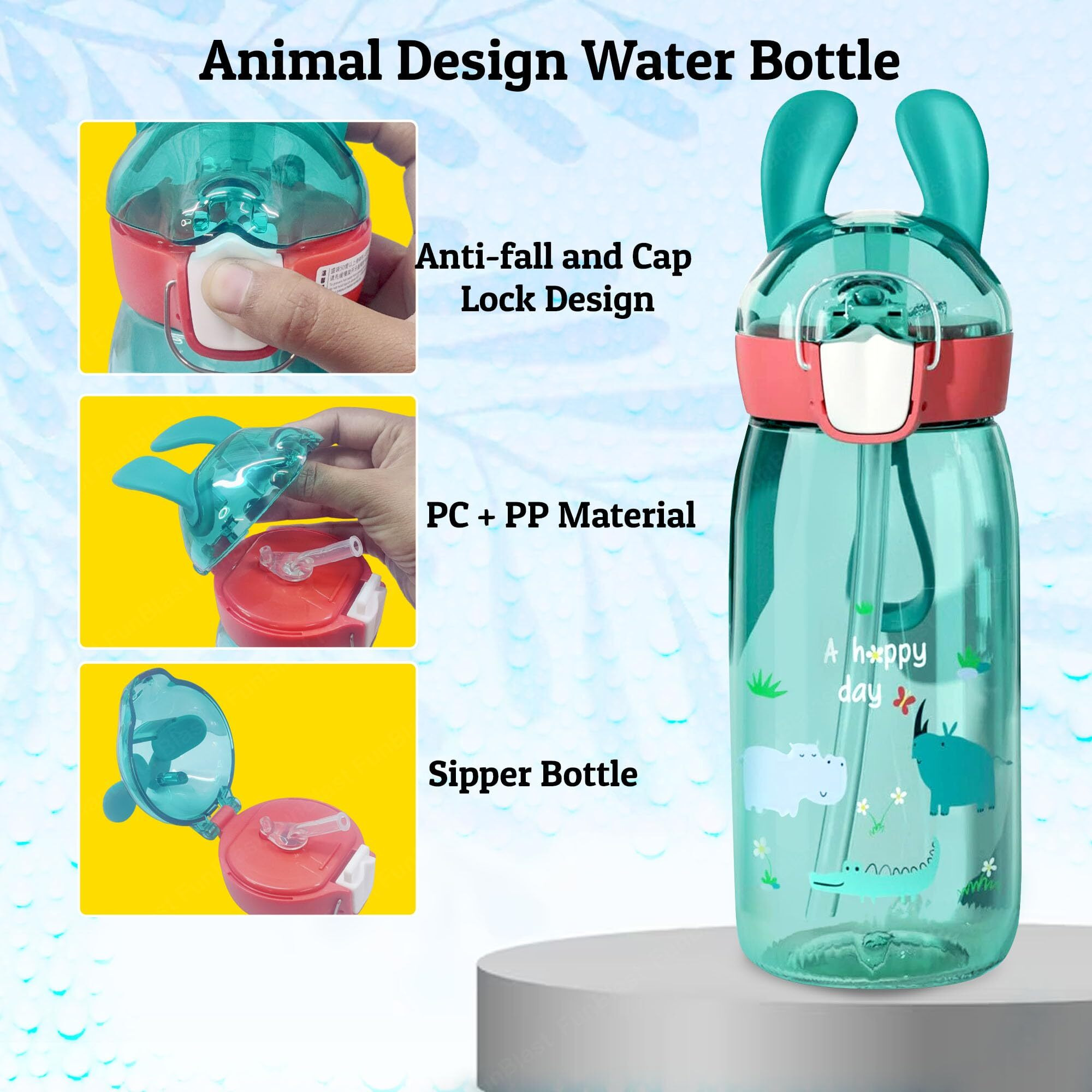 FunBlast Water Bottle for kids, Cute Design Water Bottle with Sipper, TritanSipper Bottle for Kids -Anti-leak Kids Cartoon Water Bottle for Kids - 550 Ml (Animal) Multicolor