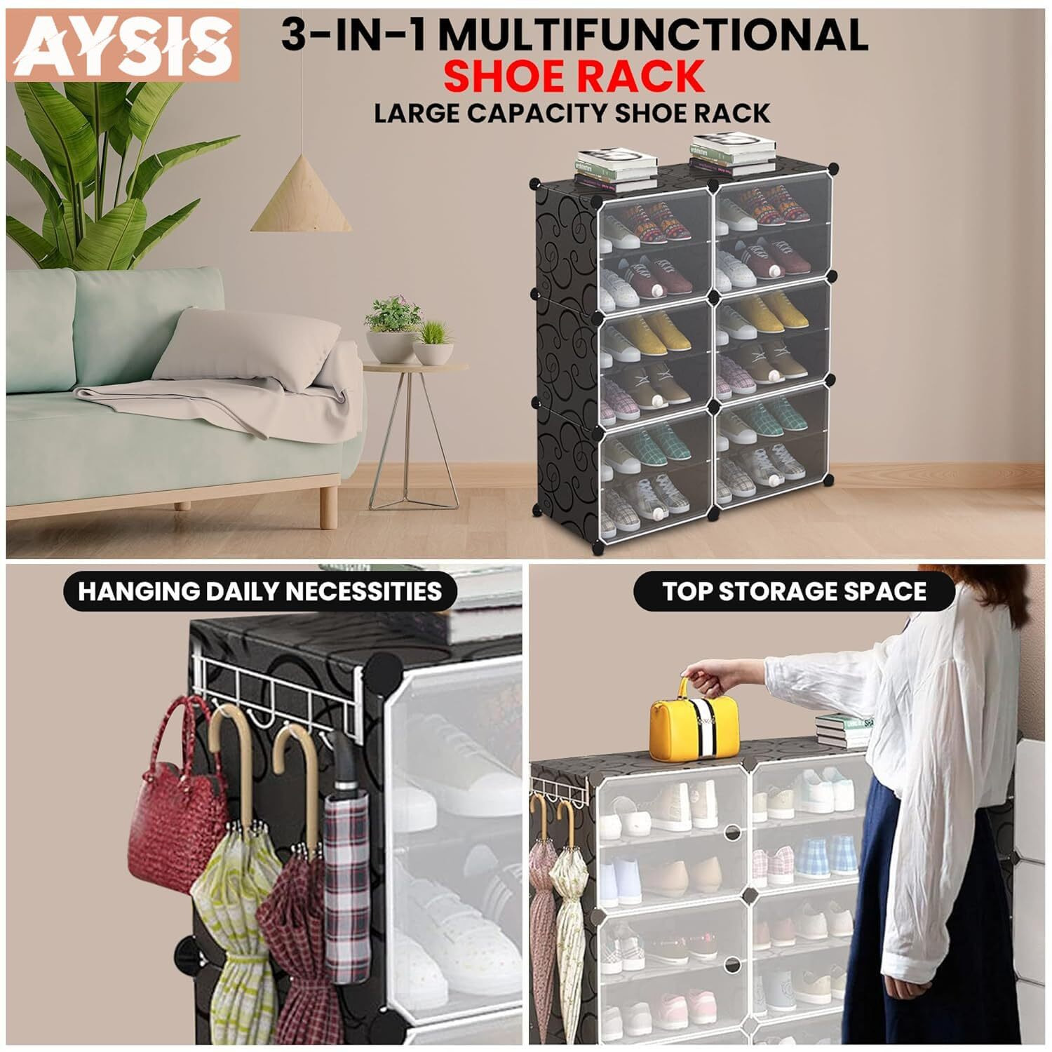 AYSIS Upgraded Shoe Rack for Home Plastic, Portable Shoe Rack with Dustproof Door for Heels/Slippers/Boots, 12-layer Shoe Storage Cabinet with Hooks for Entryway or Bedroom - White