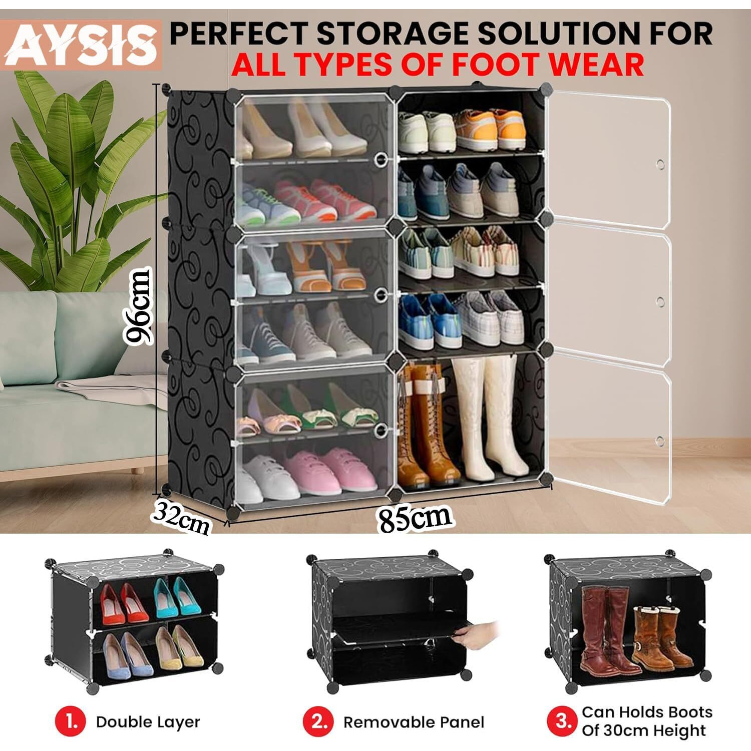 AYSIS Upgraded Shoe Rack for Home Plastic, Portable Shoe Rack with Dustproof Door for Heels/Slippers/Boots, 12-layer Shoe Storage Cabinet with Hooks for Entryway or Bedroom - White