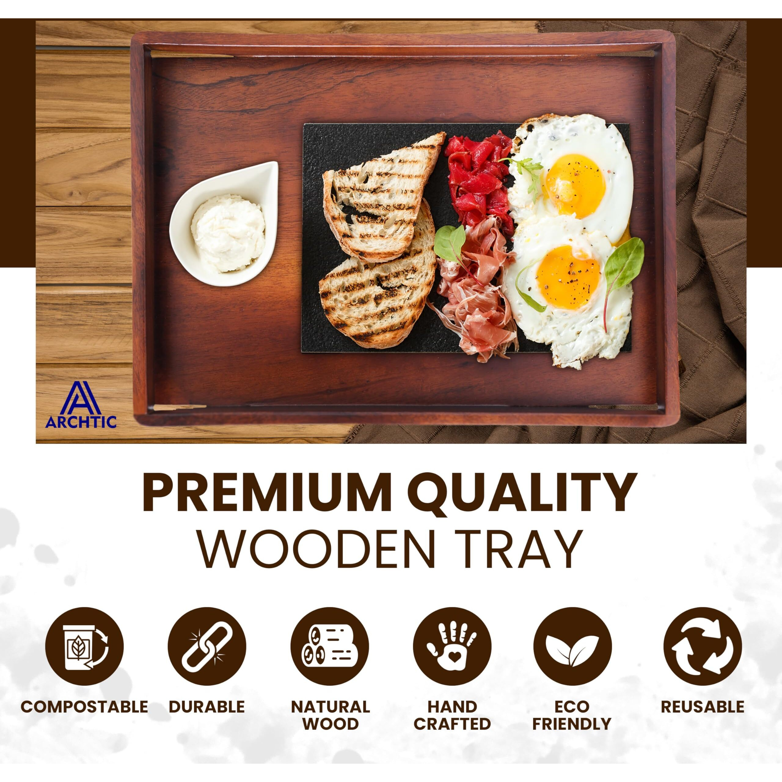 Archtic Wooden Tray for Serving - Premium Handcrafted Rectangular Wooden Tray, Ideal for Breakfast, Tea, Coffee, Snacks - Multipurpose Serveware Trays for Home & Office - Large (16x11x2)