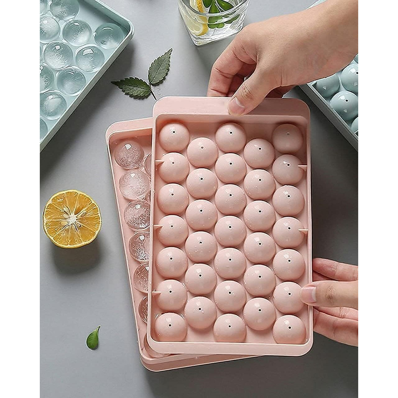 Eloxee Plastic Mini Round Ice Cube Tray with Lid | Ice Ball Maker for Fresh Juice, Mocktails, Whiskey, Cocktails, Tea & Coffee | 33 Cavity, Easy Release & Stackable in Freezer (2)