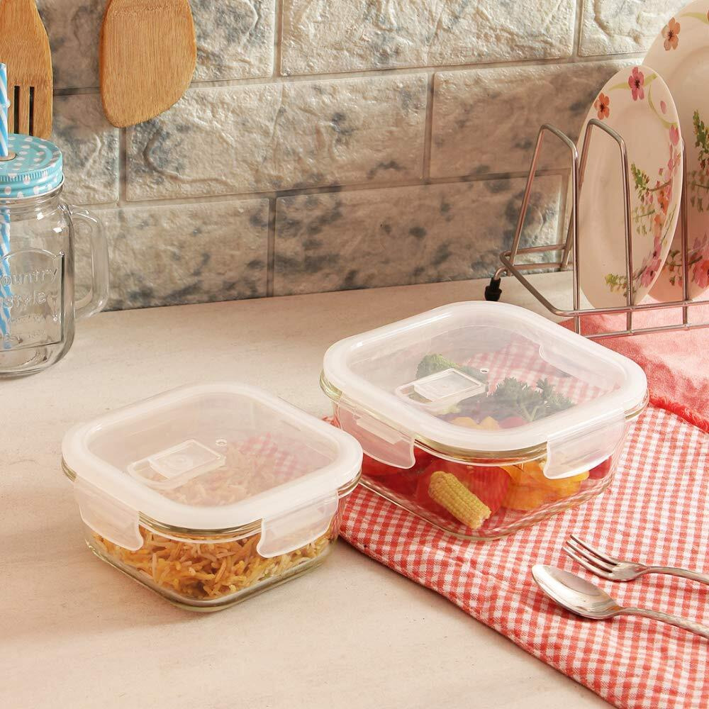 Femora Borosilicate Glass Microwave Safe Square Food Storage Container with Air Vent Lid, 180ml, 300ml, 500ml, 800ml, 1200ml, Set of 5, One Year Free Replacement