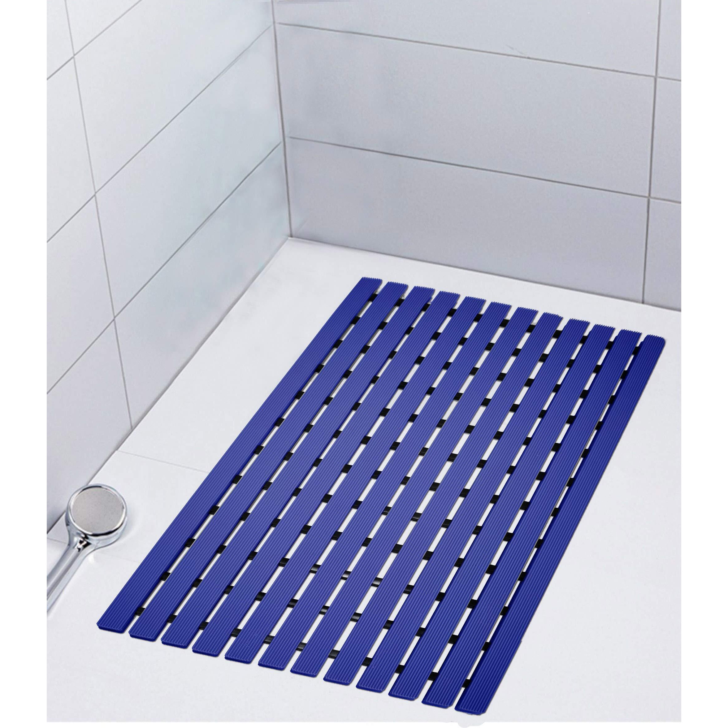 Eurotex Shower Mat Non Slip for Bathroom, Anti Skid Bathtub Mat (Plastic Stripped- Rubber Base, 46cm x 61cm)- Blue