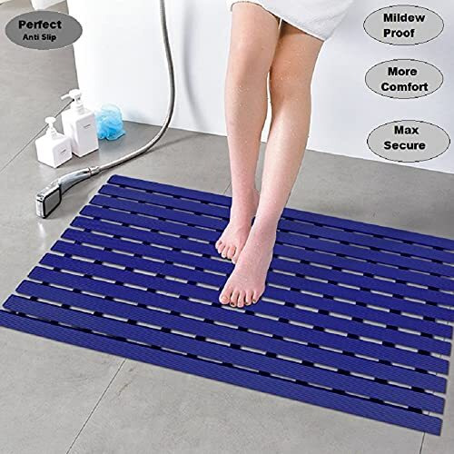 Eurotex Shower Mat Non Slip for Bathroom, Anti Skid Bathtub Mat (Plastic Stripped- Rubber Base, 46cm x 61cm)- Blue