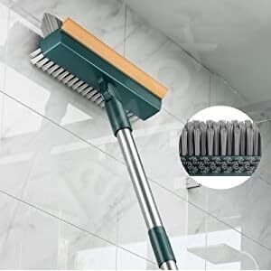 PRUVAVE Bathroom Cleaning Brush with Wiper 3 in 1 Tiles Cleaning Brush Floor Scrub Bathroom Brush with Long Handle 180 Rotate Cleaning Brush Home Kitchen Bathroom Cleaning (Green Brush)