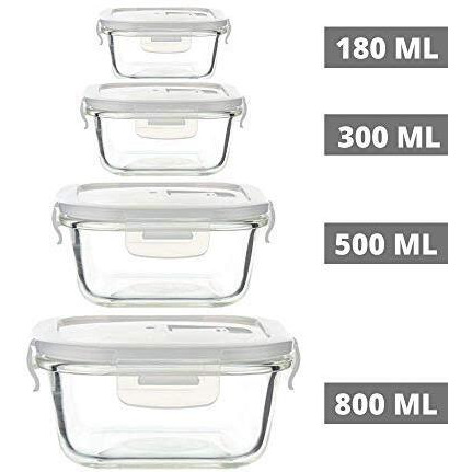 Femora Borosilicate Glass Food Storage Container with Air Vent Lid, Square, 180 ML, 300 ML, 500 ML, 800 ML, Set of 4