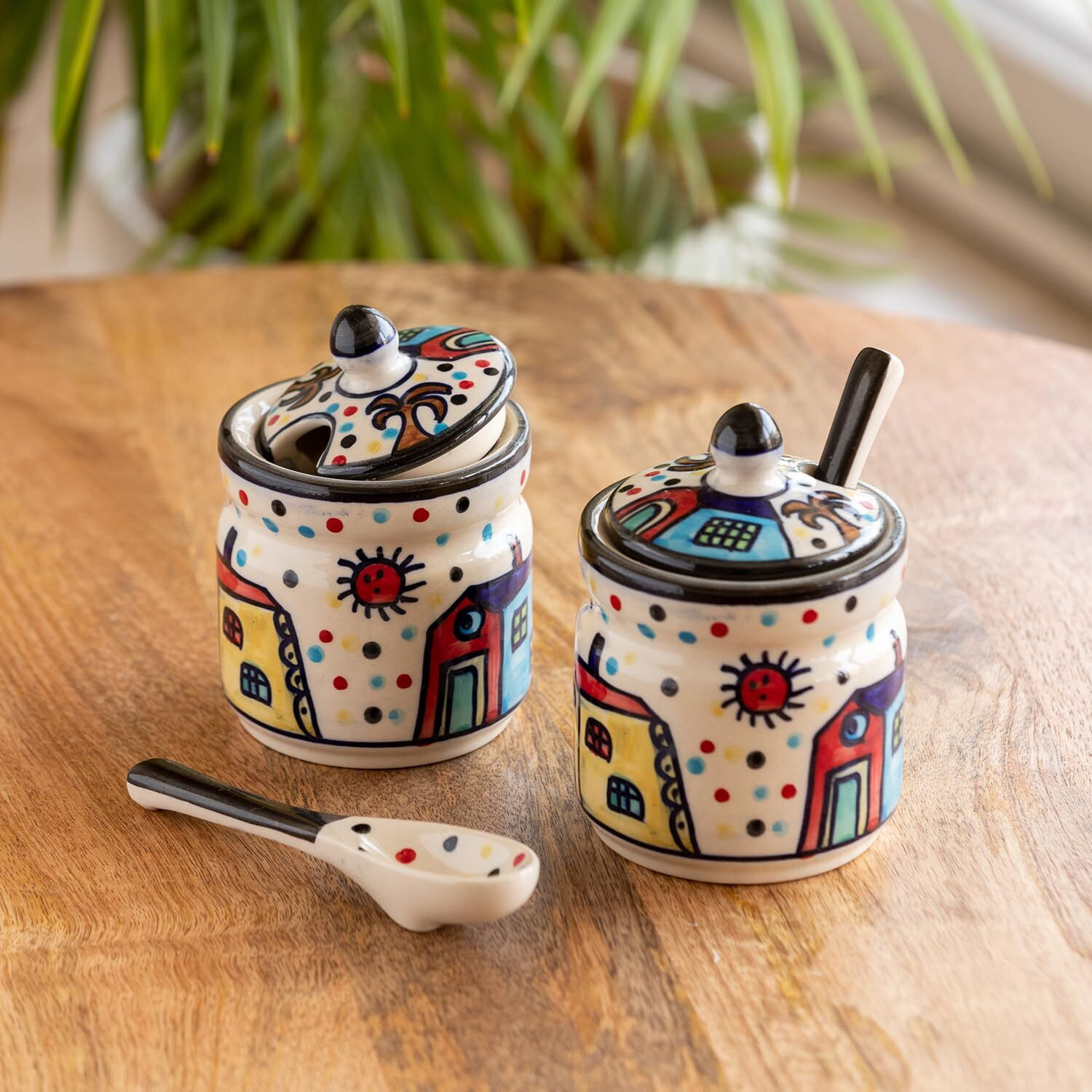 ExclusiveLane Hut Handpainted Ceramic Pickle Jars for Dining Table with Spoon & Lid |Pickle Jar for Storage Kitchen Containers Set Pickle Holder Pickle Container for Kitchen Storage Set Aachar Jar