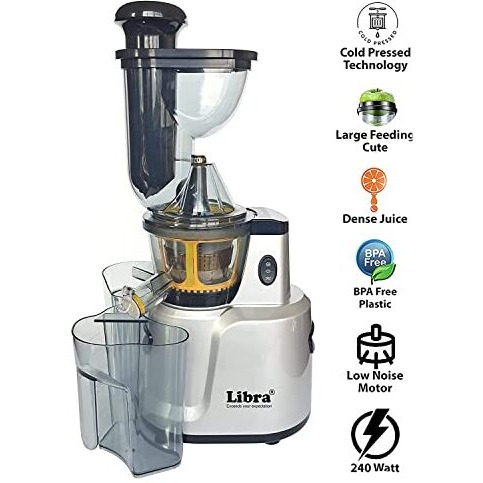 Libra Cold Pressed Whole Slow Juicer Machine | 48 RPM slow pressed juicer |240 Watts Powerful Motor for All Fruits and Vegetables | Free Recipe Book(Silver)