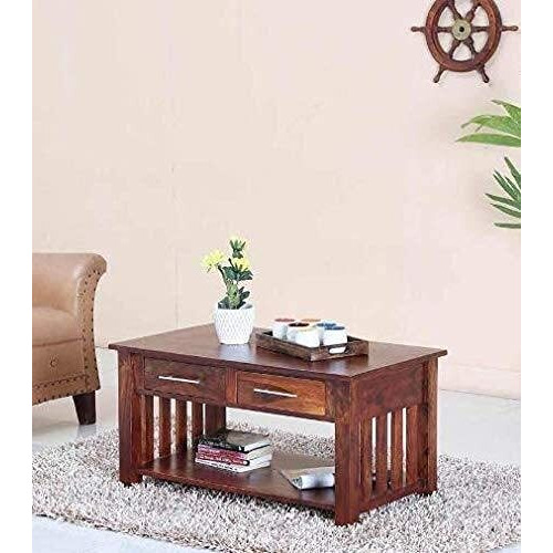 AASALIYA Art Solid Sheesham Wood Rectangle Center Coffee Table for Living Room | Wooden Sofa Centre Table with 2 Drawer & Open Shelf Storage for Home & Office | Rosewood, Brown Finish