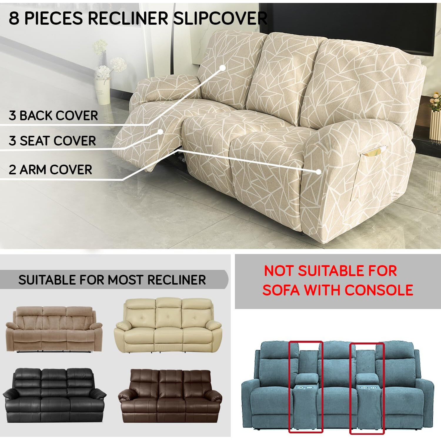 HOKIPO 140gsm Fully Covered Recliner Sofa Cover 3 Seater, Beige Abstract Geometry (AR-4942-C3)