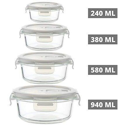 Femora Borosilicate Glass Food Storage Container with Air Vent Lid, Round, 240 ML, 380 ML, 580 ML, 940 ML, Set of 4