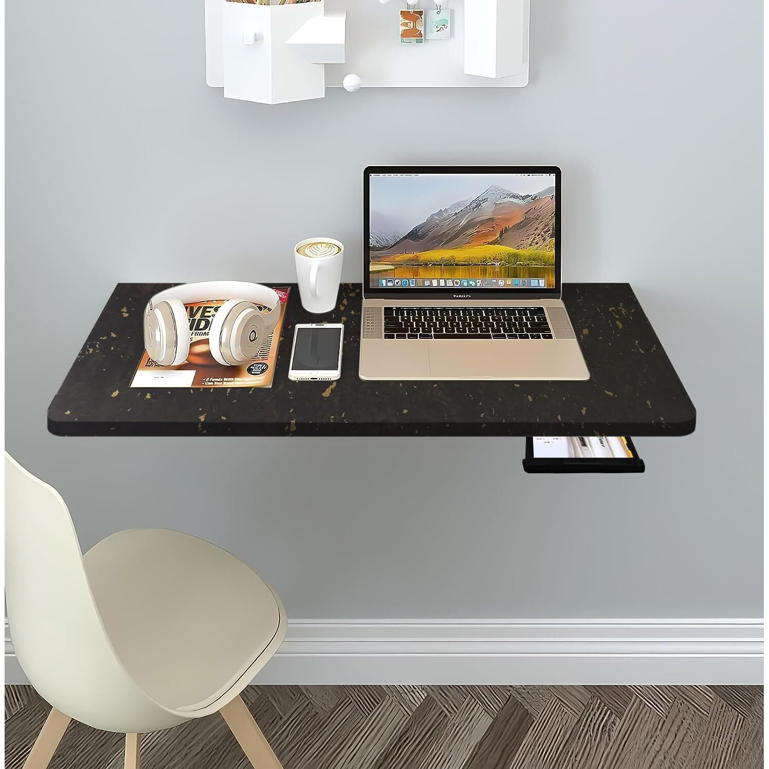 QARA Wooden (16 X 24 Inches) Wall Mouted Foldable Table | Wall Mount Table | Wall Laptop Desk Mount Table With Drawer (Black)