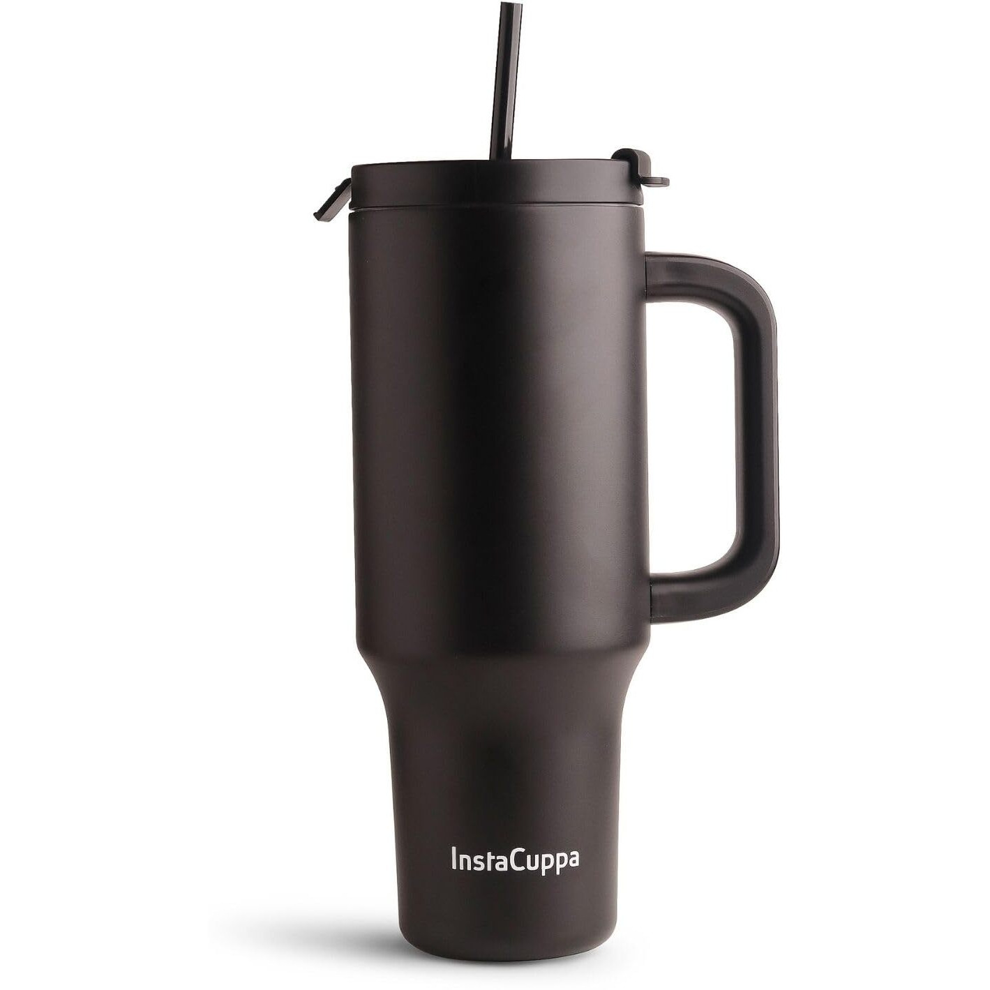 InstaCuppa 1200 mL Stainless Steel Insulated Tumbler with Lid, Handle & Plastic Straw, Keeps Beverages Hot & Cold, Fits Cup Holders, Ideal for Water, Coffee, Tea, Coffee Mug for Home, Office - Black