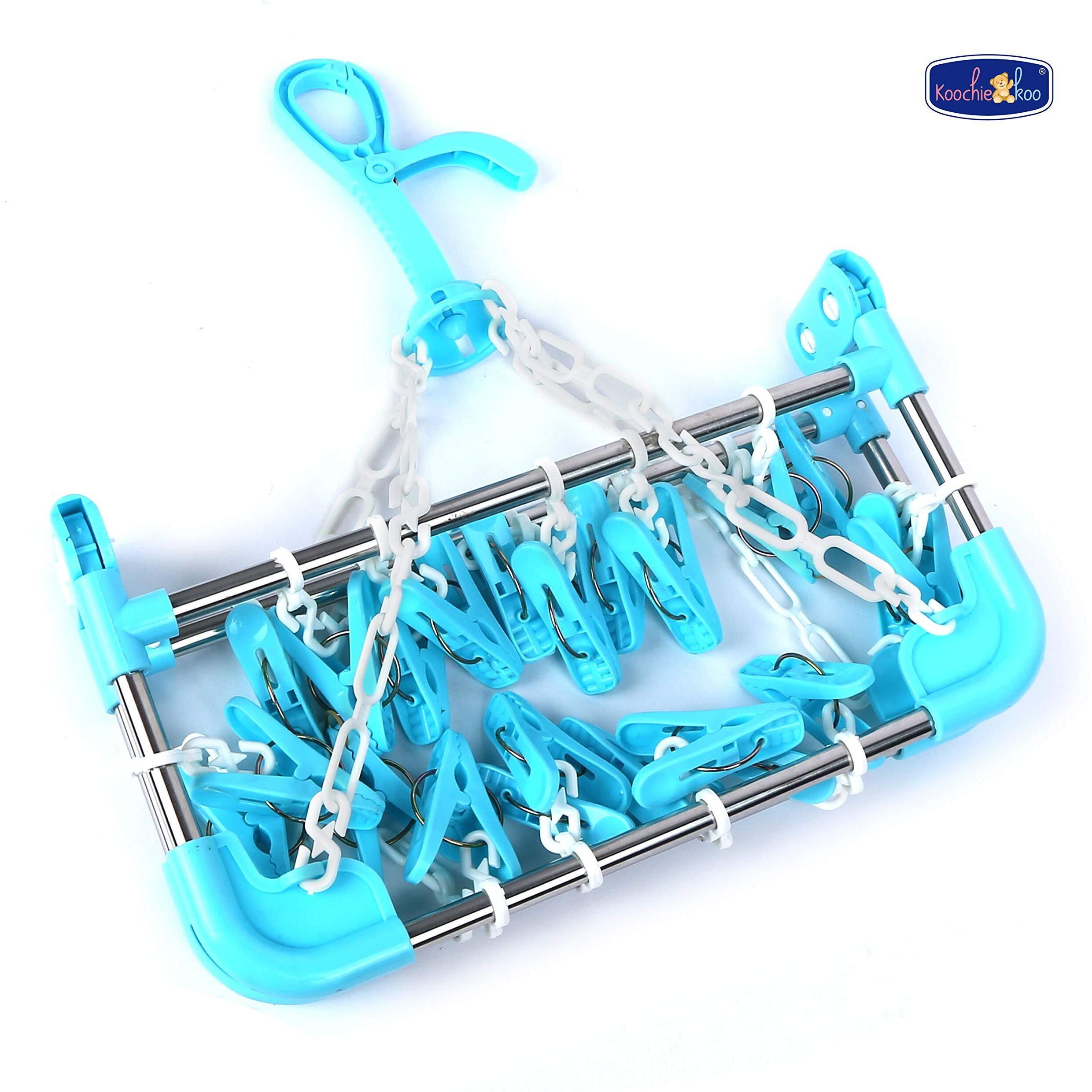 Koochie-Koo Stainless Steel Clothes Drying Rack Portable Foldable Laundry Drip Square Cloth Pegs Hanger with 22 Clips and Rotational Wind Proof Hook for Indoor & Outdoor(Pack of 1, Multicolor)