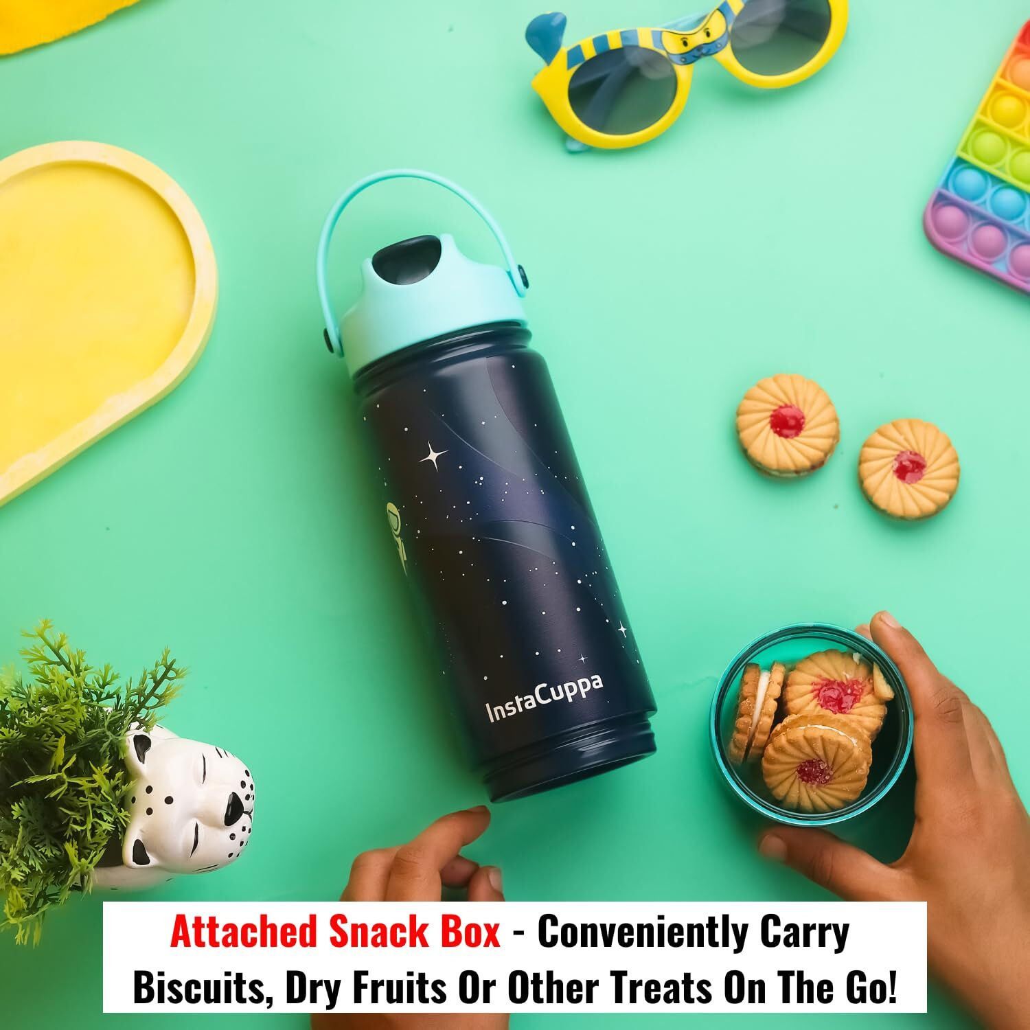 InstaCuppa Kids Insulated Stainless Steel Water Bottle with Straw Lid & Detachable Snack Box, Leakproof, BPA-Free - Perfect for School and Travel, Space Print, 500 ML + 60 Grams Snack Box