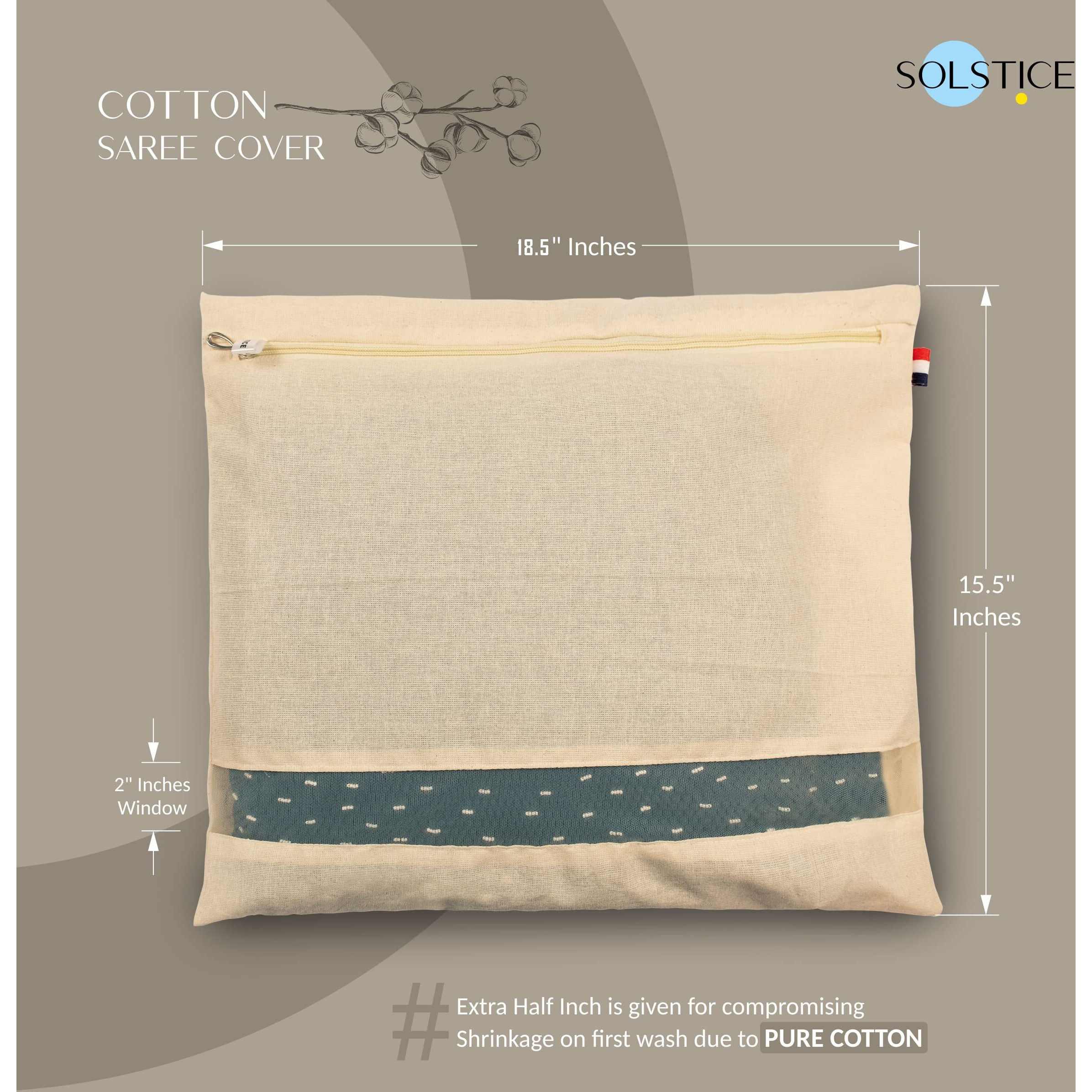 SOLSTICE Cotton Big Saree Covers / Bags For Storage Single (18 X 15 Inches) For Big Silk Sarees, Lehengas, Clothes With Zipper Closure (With Window - Pack Of 5), Cream