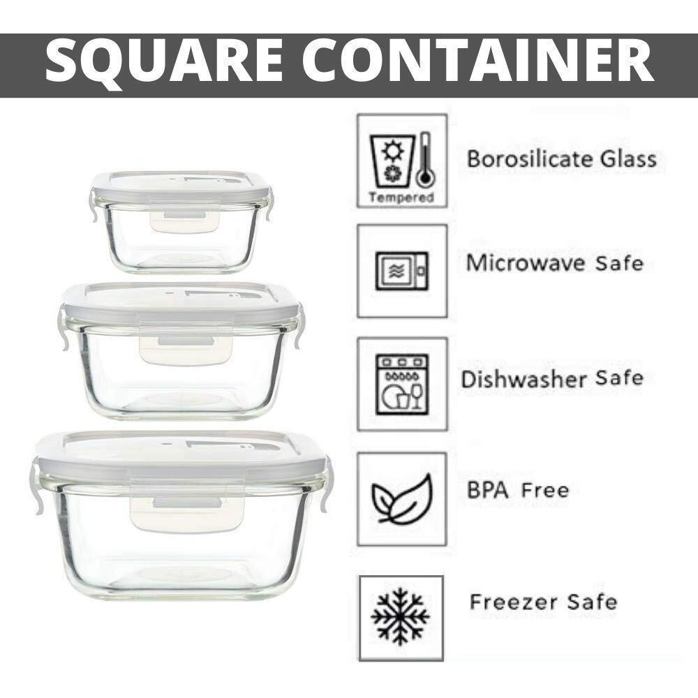 Femora Borosilicate Glass Food Storage Containers with Air Vent Lids, Square, 300 ML, 500 Ml, 800 ML, Set of 3