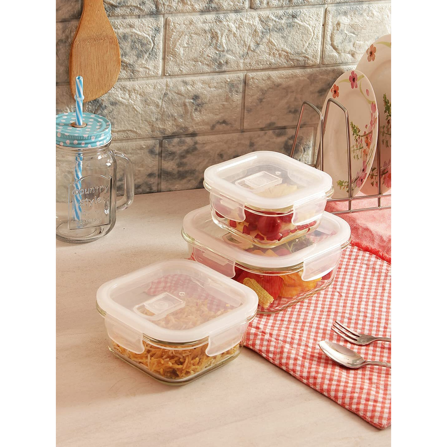 Femora Borosilicate Glass Food Storage Containers with Air Vent Lids, Square, 300 ML, 500 Ml, 800 ML, Set of 3