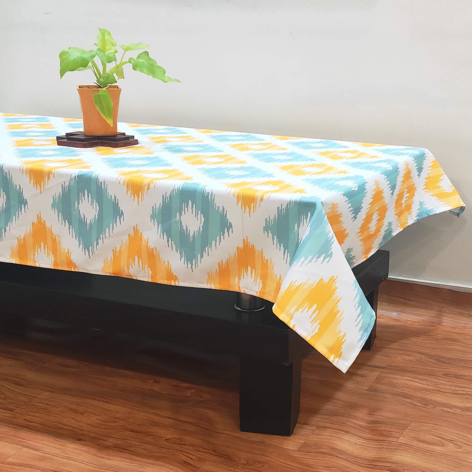 STITCHNEST Ikat Yellow Teal Printed Poly Cotton Table Cover (40x60 Inches) Rectangular