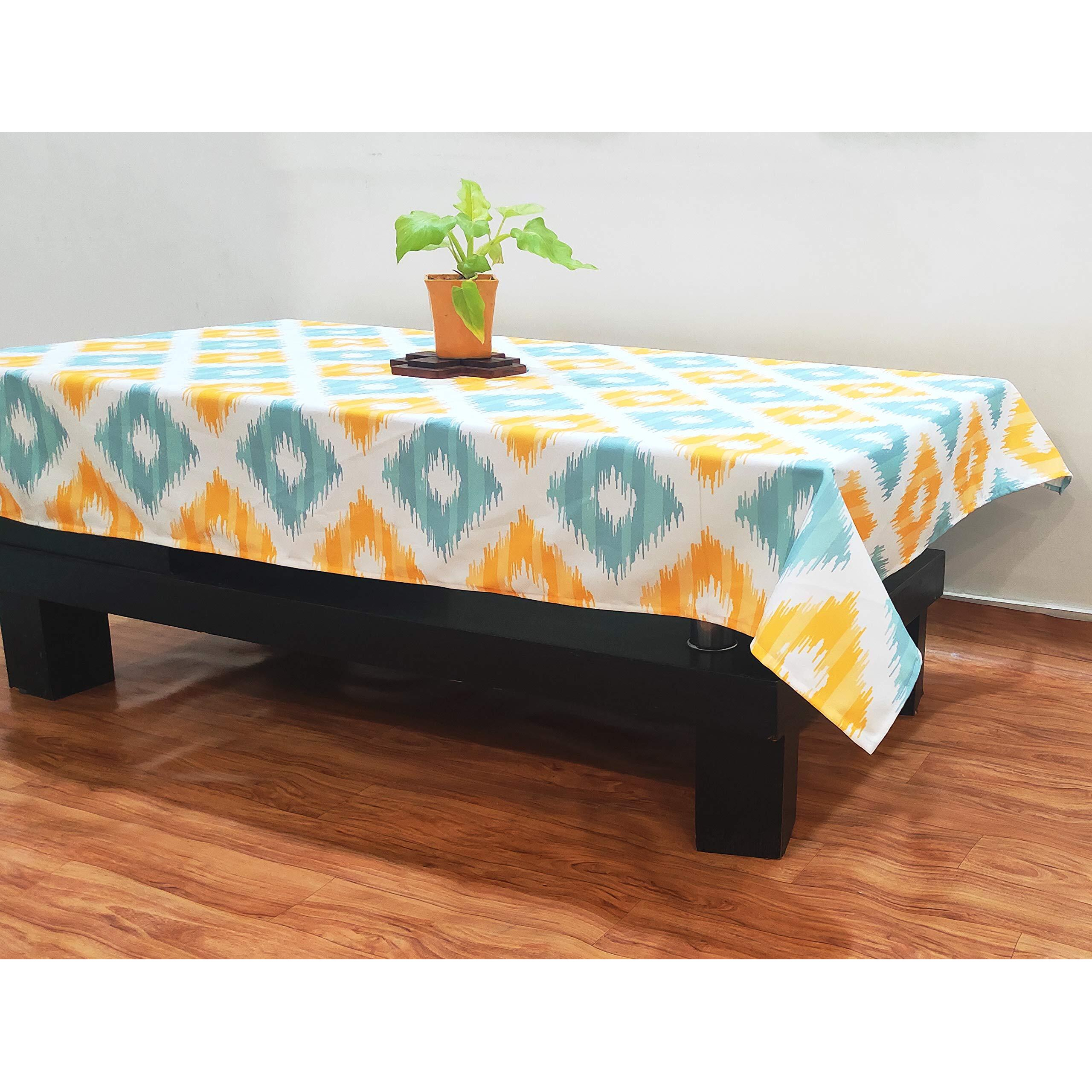 STITCHNEST Ikat Yellow Teal Printed Poly Cotton Table Cover (40x60 Inches) Rectangular