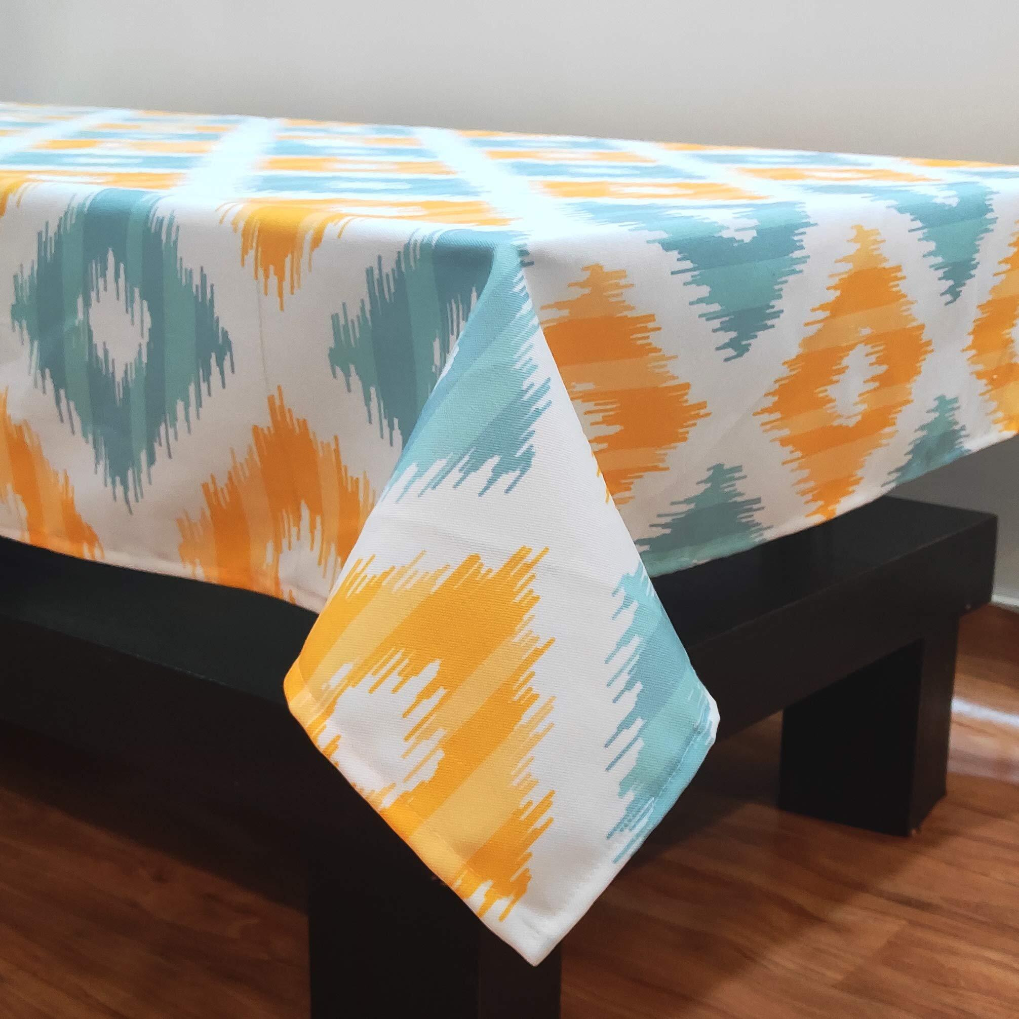 STITCHNEST Ikat Yellow Teal Printed Poly Cotton Table Cover (40x60 Inches) Rectangular