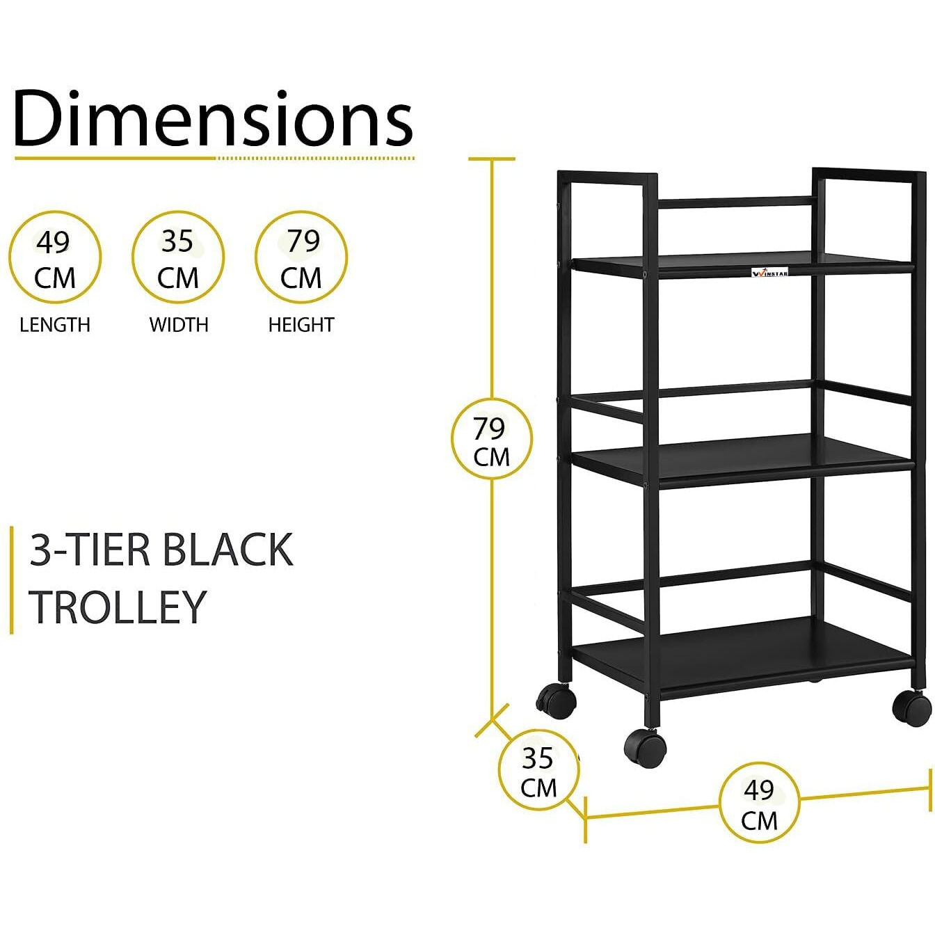 WINSTAR Metal Rolling Trolley with Lockable Wheels | Heavy Duty Multifunctional Metal Frame Cart | Ideal for Home, Kitchen, Bathroom and Office Storage | (Black, 3-Tier)