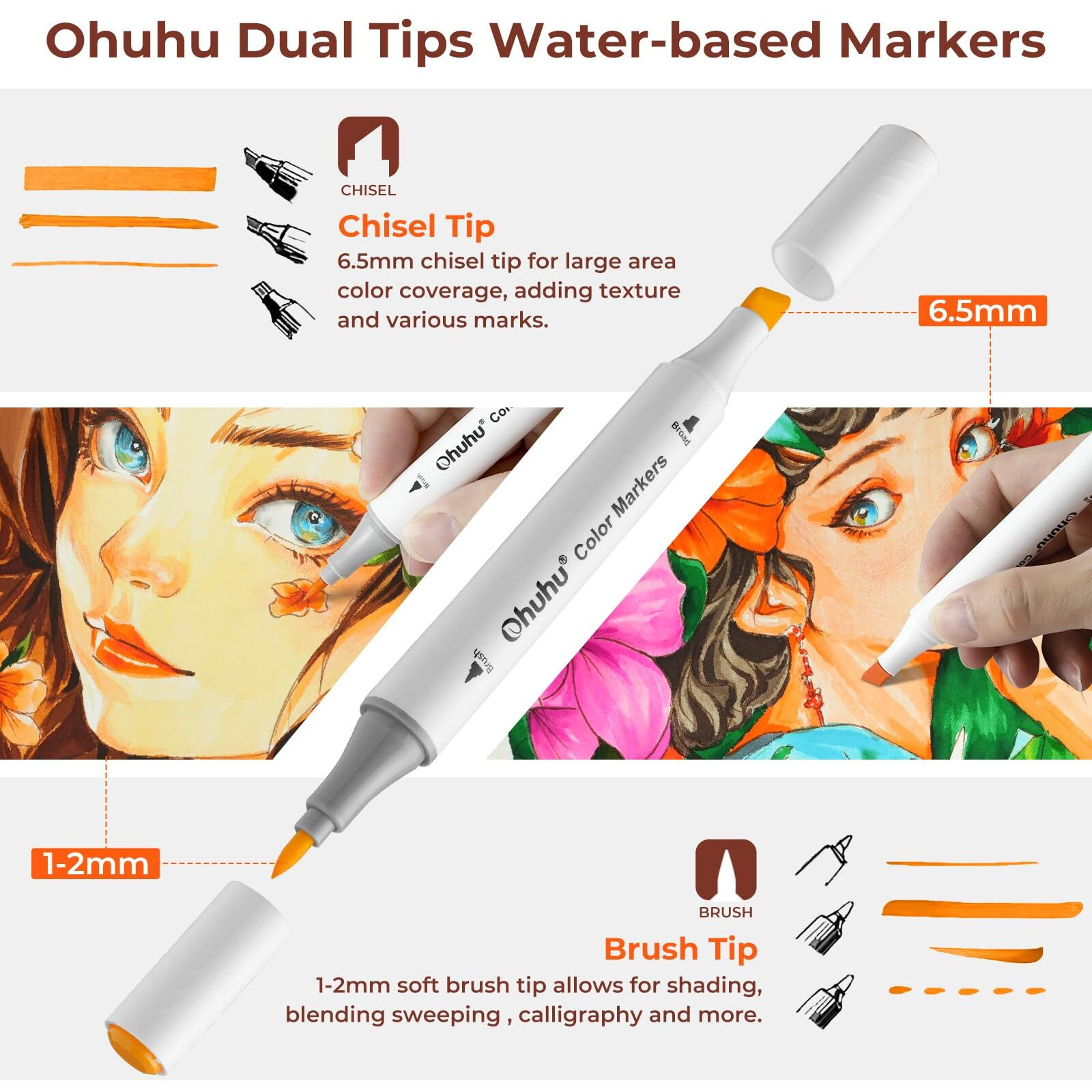 Ohuhu Brush Pen Set 60 Colours Sketch Pen Set Chisel & Brush Dual Tip Brush Pens Water-Based Sketch Pens Water Colour Set For Kids Adults Coloring Calligraphy Drawing W/1 Colorless Blender & Case,Multicolour