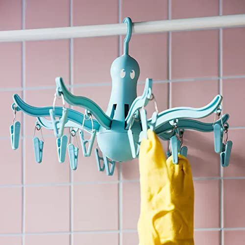 Ikea PRESSA Plastic Foldable Portable Hanging Dryer Octopus Shape Clothes Drying Hanger Rack with 16 Clips Hook, Turquoise