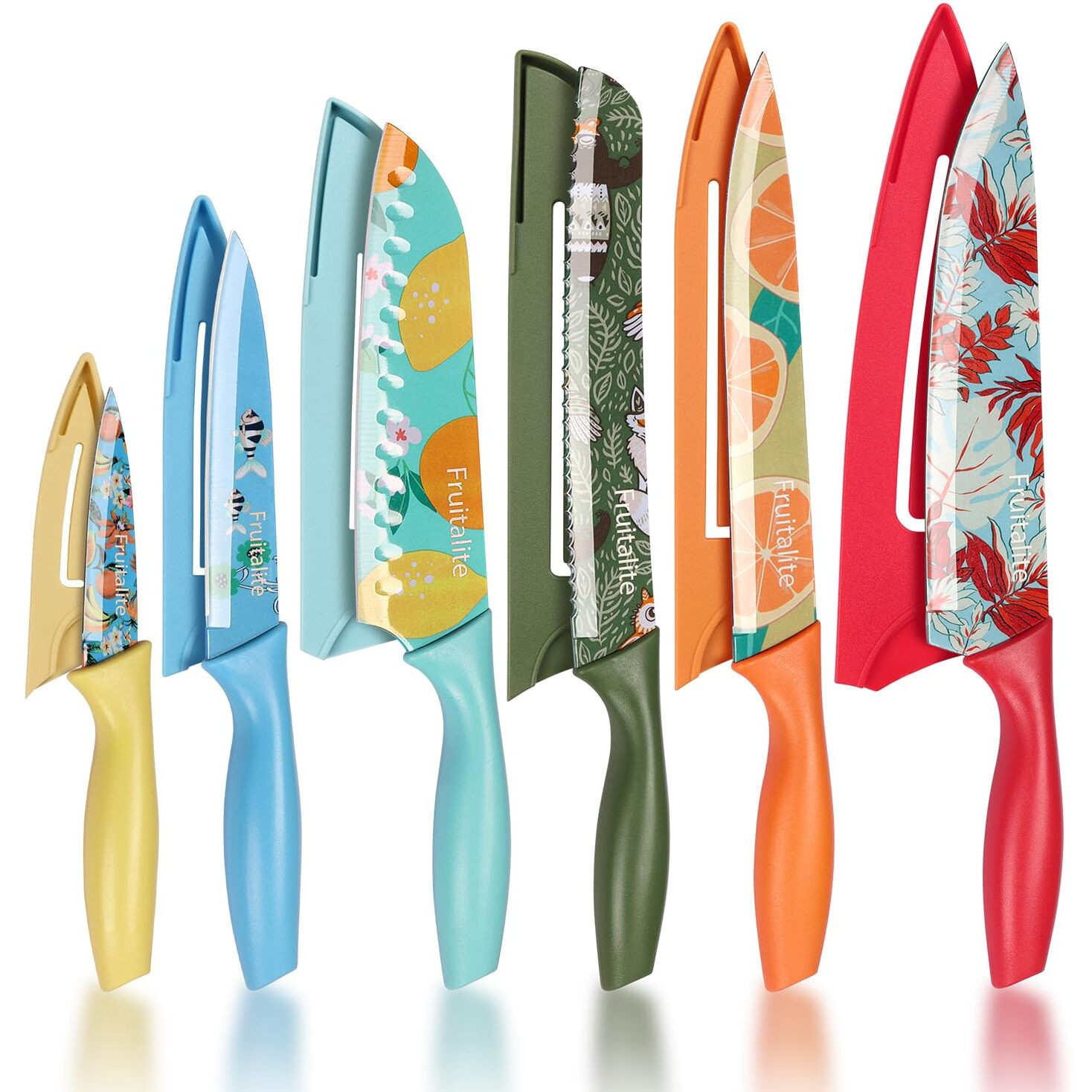 Fruitalite 6 Pieces Patterned Kitchen Knife Set with 6 Blade Covers- Premium Printed Razor-Sharp High Carbon STAINLESS STEEL Chef Knives with Non-Stick Coating | Non-Slip Ergonomic Handles, Home Use