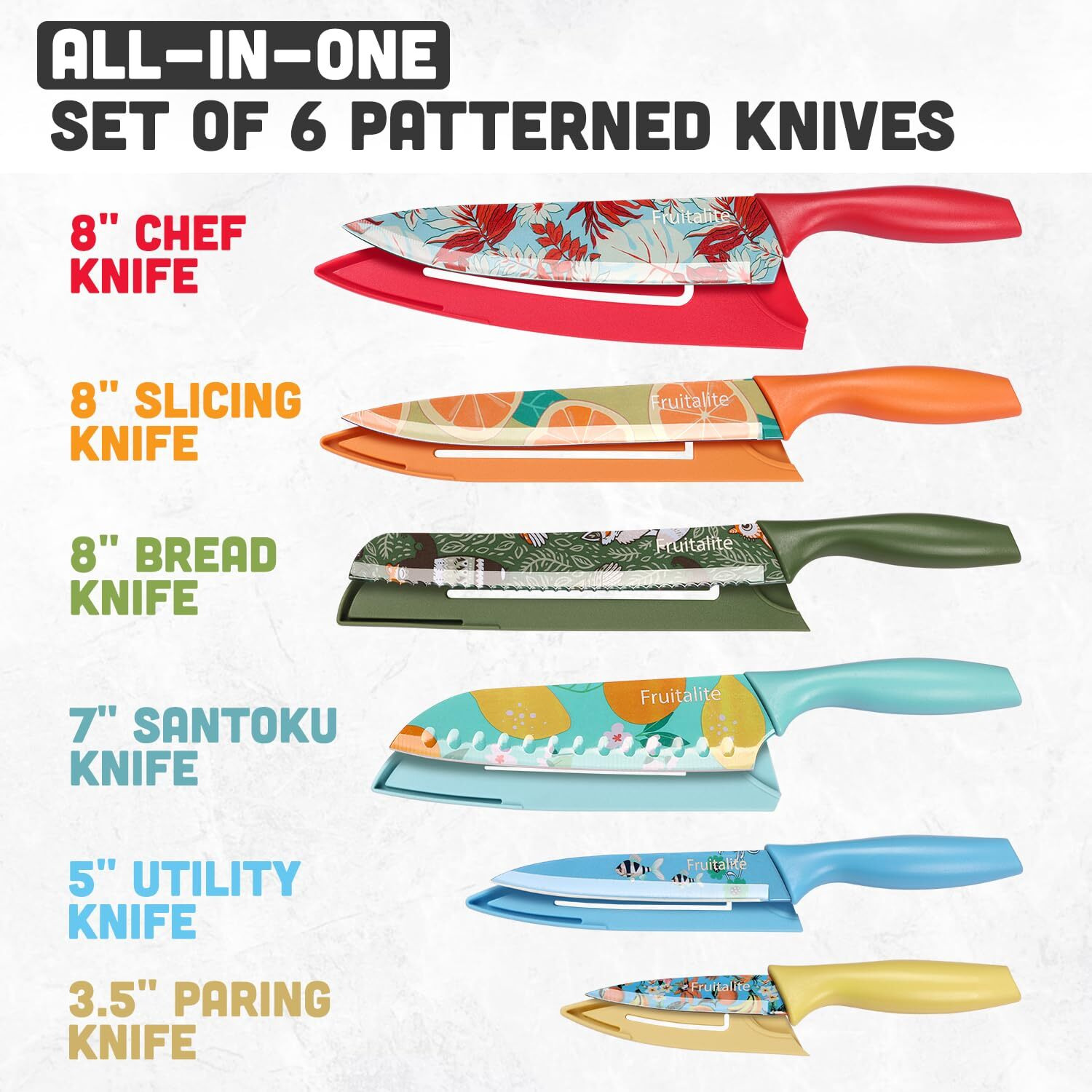 Fruitalite 6 Pieces Patterned Kitchen Knife Set with 6 Blade Covers- Premium Printed Razor-Sharp High Carbon STAINLESS STEEL Chef Knives with Non-Stick Coating | Non-Slip Ergonomic Handles, Home Use