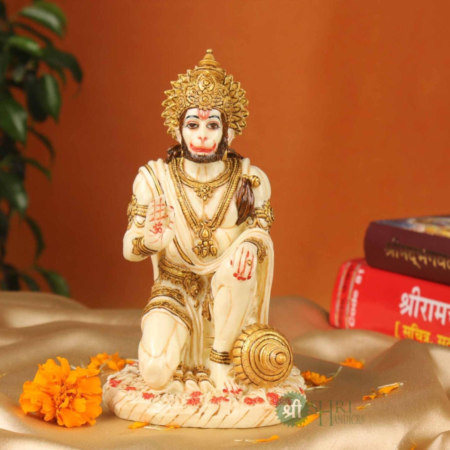 INDICAST 6.5 Hanuman Statue Sitting Fine Gold Painting Idol Decorative Showpiece Handcrafted Hanuman Ji Murti for Home Office and Gifting Purpose Sculpture