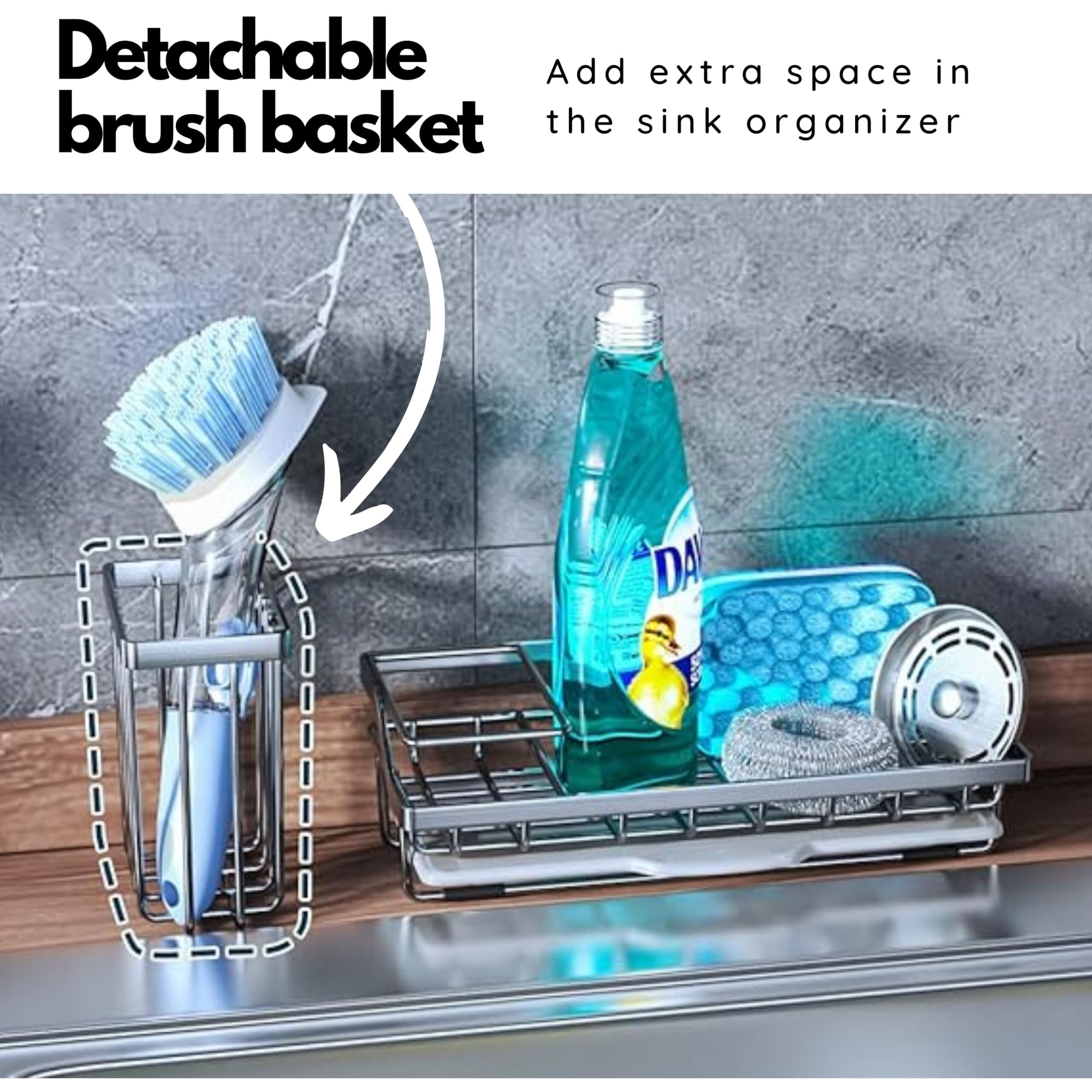 POPCUBE Sink Organiser for Kitchen-Sink Caddy with Brush & Sponge Holder Cup- Kitchen Sink Organizer with Drain Tray for Kitchen Sink- Countertop Sink Organiser with Adhesive Patch for Wall mounting.