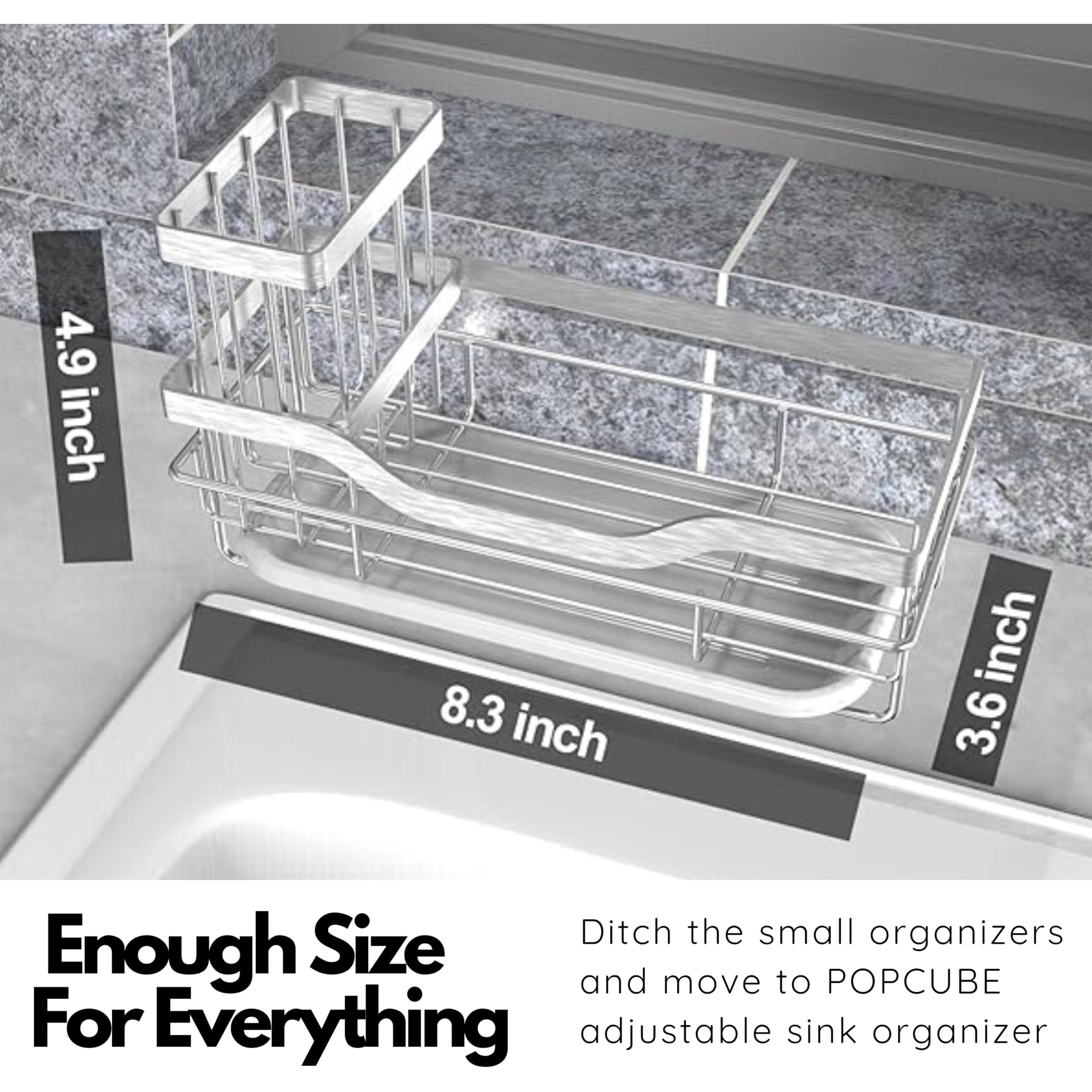 POPCUBE Sink Organiser for Kitchen-Sink Caddy with Brush & Sponge Holder Cup- Kitchen Sink Organizer with Drain Tray for Kitchen Sink- Countertop Sink Organiser with Adhesive Patch for Wall mounting.