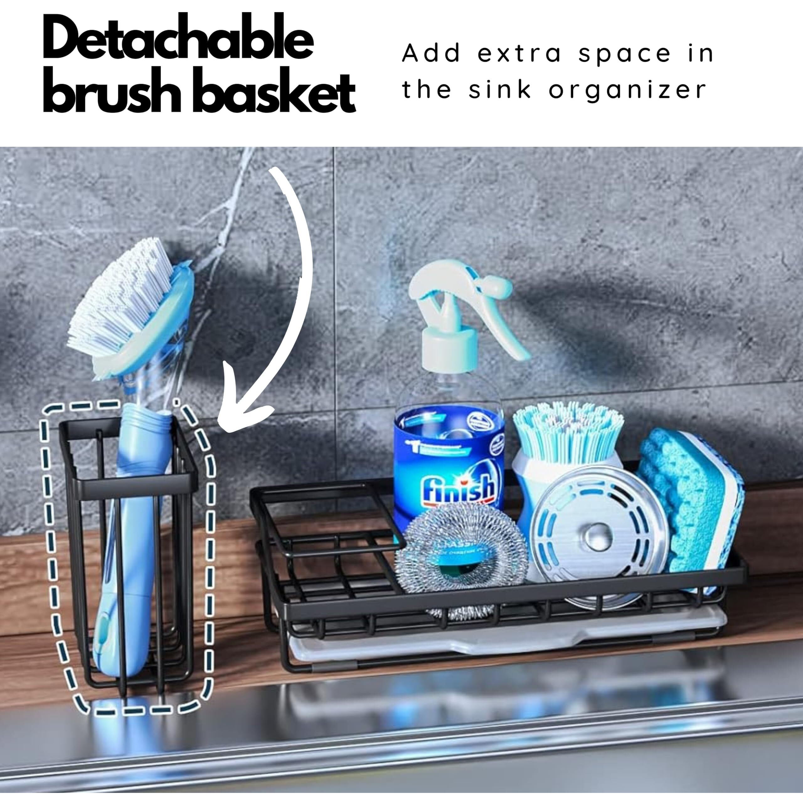 POPCUBE Sink Organiser for Kitchen-Sink Caddy with Brush & Sponge Holder Cup- Kitchen Sink Organizer with Drain Tray for Kitchen Sink- Countertop Sink Organiser with Adhesive patch for wall mounting.