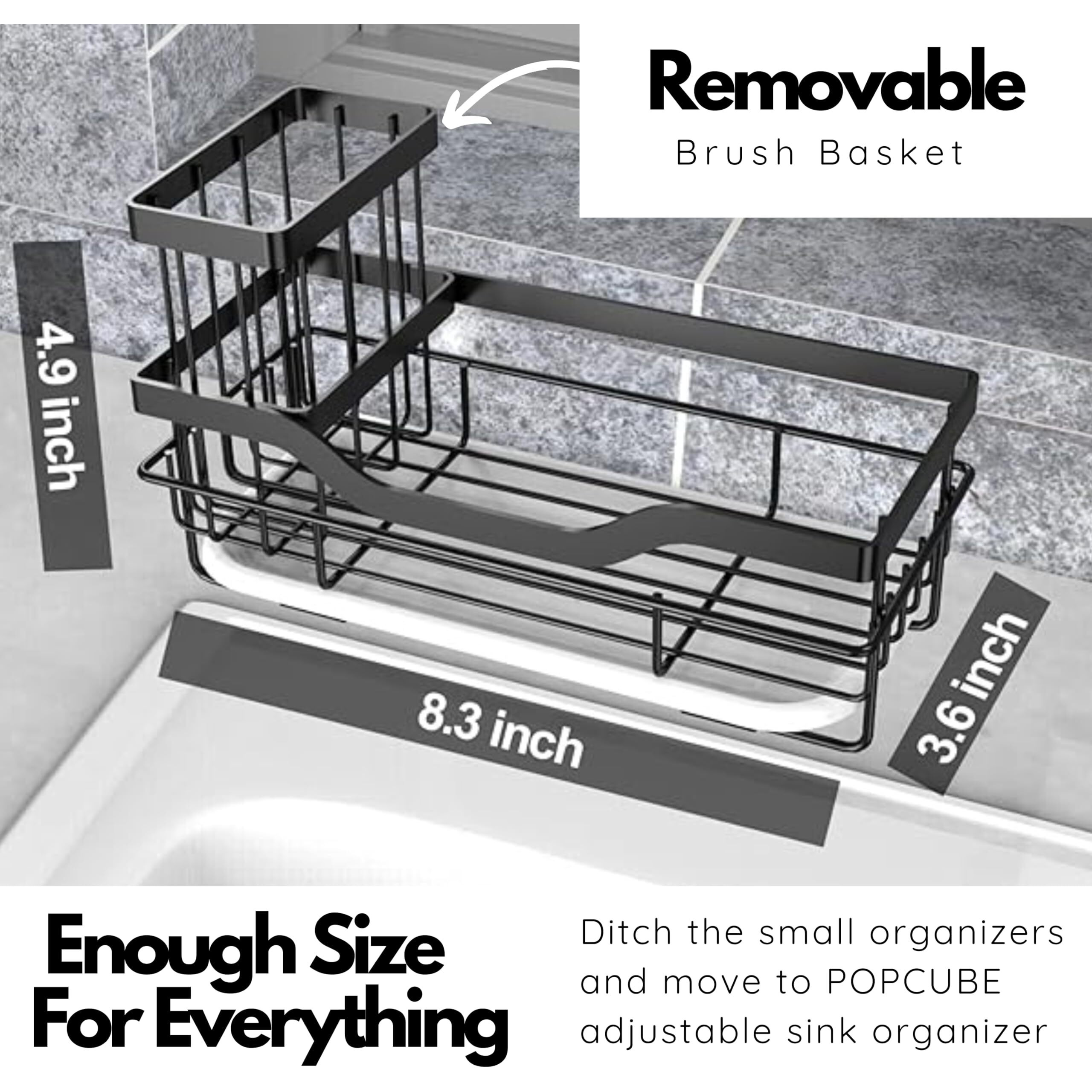 POPCUBE Sink Organiser for Kitchen-Sink Caddy with Brush & Sponge Holder Cup- Kitchen Sink Organizer with Drain Tray for Kitchen Sink- Countertop Sink Organiser with Adhesive patch for wall mounting.