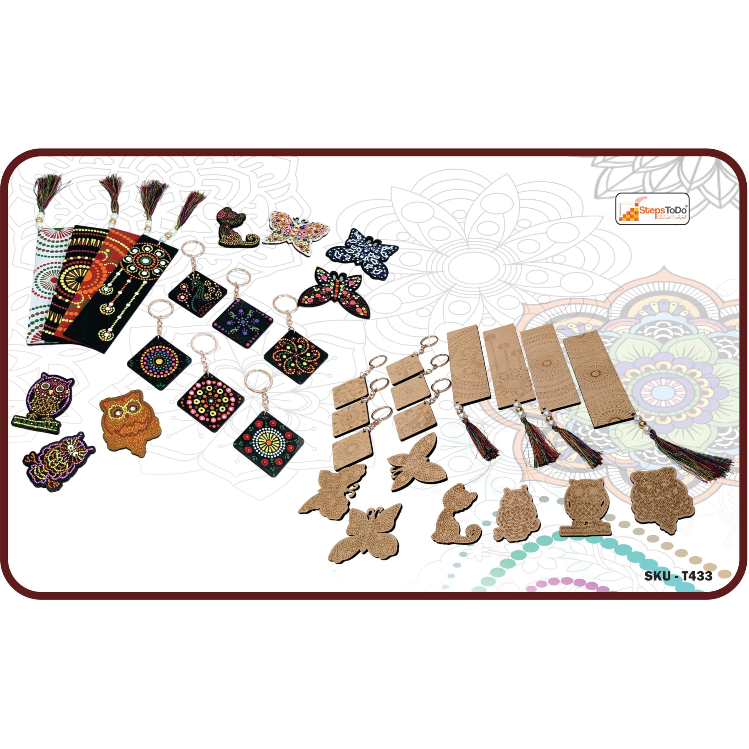 StepsToDo DIY 17 Pieces Ultimate Dot Mandala Painting Kit. Painting Kit with Pre-Mark Wooden Keychain (6), Fridge Magnets (7), Bookmark (4) Tools, Paint Brush, 6 Acrylic Colors, Color Pallet.