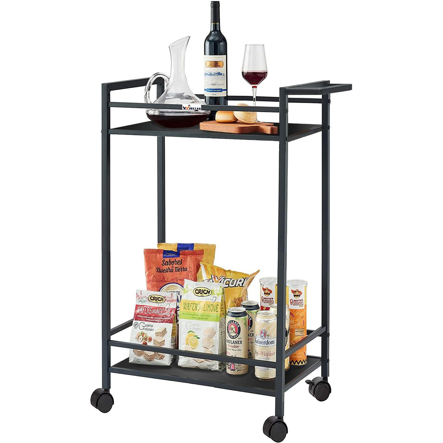 WINSTAR Metal Rolling Trolley with Lockable Wheels | Heavy Duty Multifunctional Metal Frame Cart | Ideal for Home, Kitchen, Bathroom and Office Storage | (Black, 2-Tier)