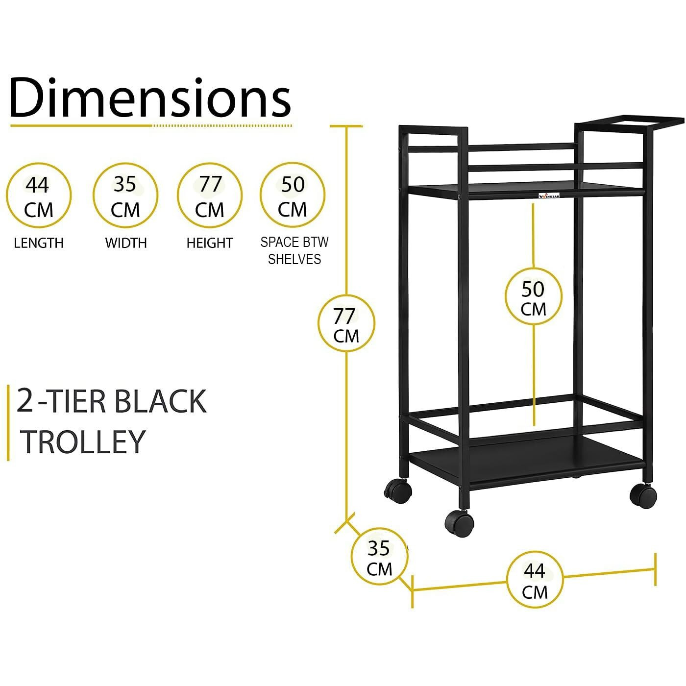 WINSTAR Metal Rolling Trolley with Lockable Wheels | Heavy Duty Multifunctional Metal Frame Cart | Ideal for Home, Kitchen, Bathroom and Office Storage | (Black, 2-Tier)