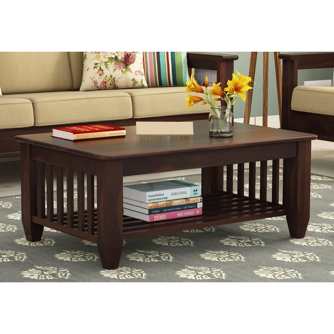 AASALIYA Wooden Center Coffee Table with Storage | Solid Sheesham Wood Centre Table for Living Room, Drawing Room & Office | Walnut Finish