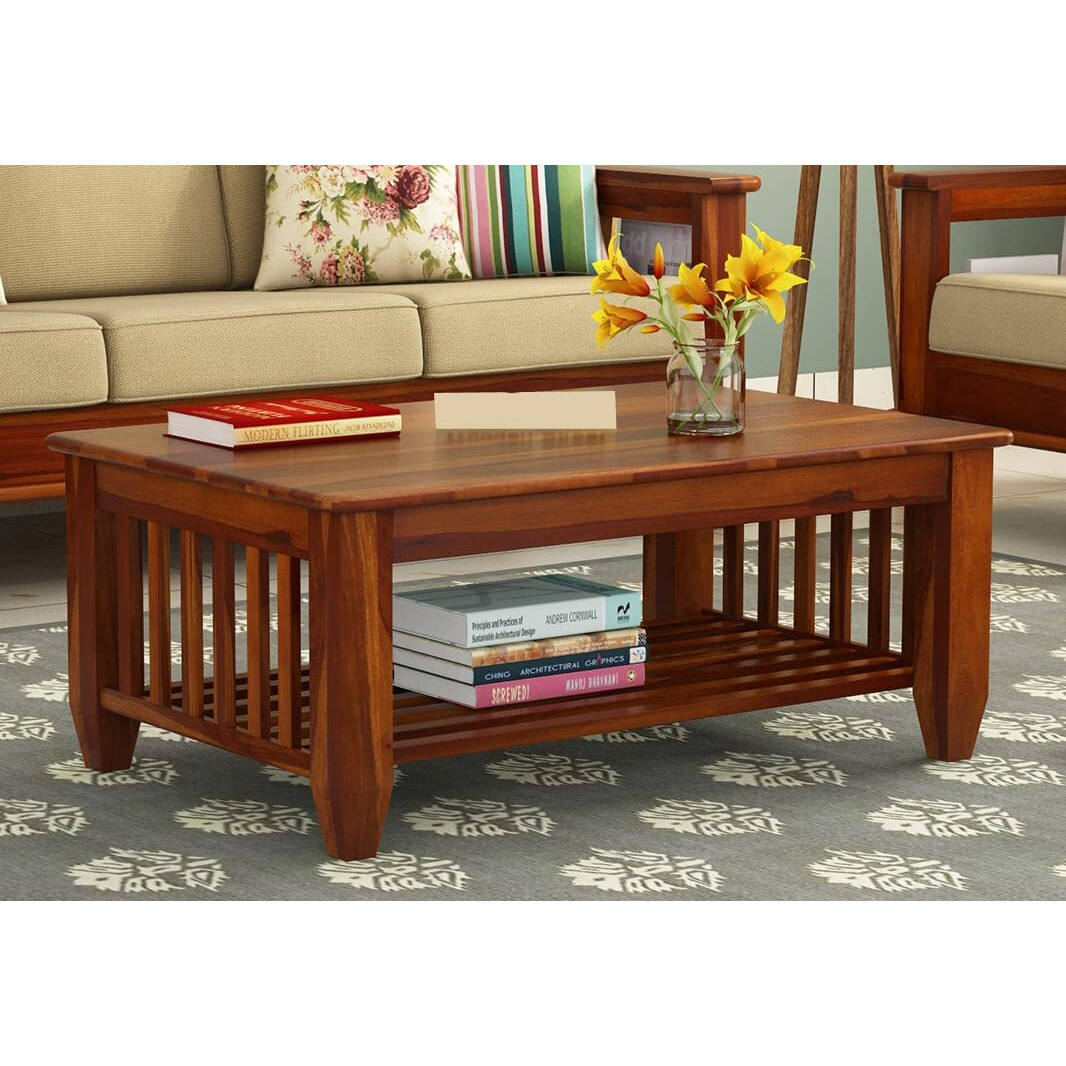 AASALIYA Wooden Center Coffee Table with Storage | Solid Sheesham Wood Centre Table for Living Room, Drawing Room & Office | Honey Finish