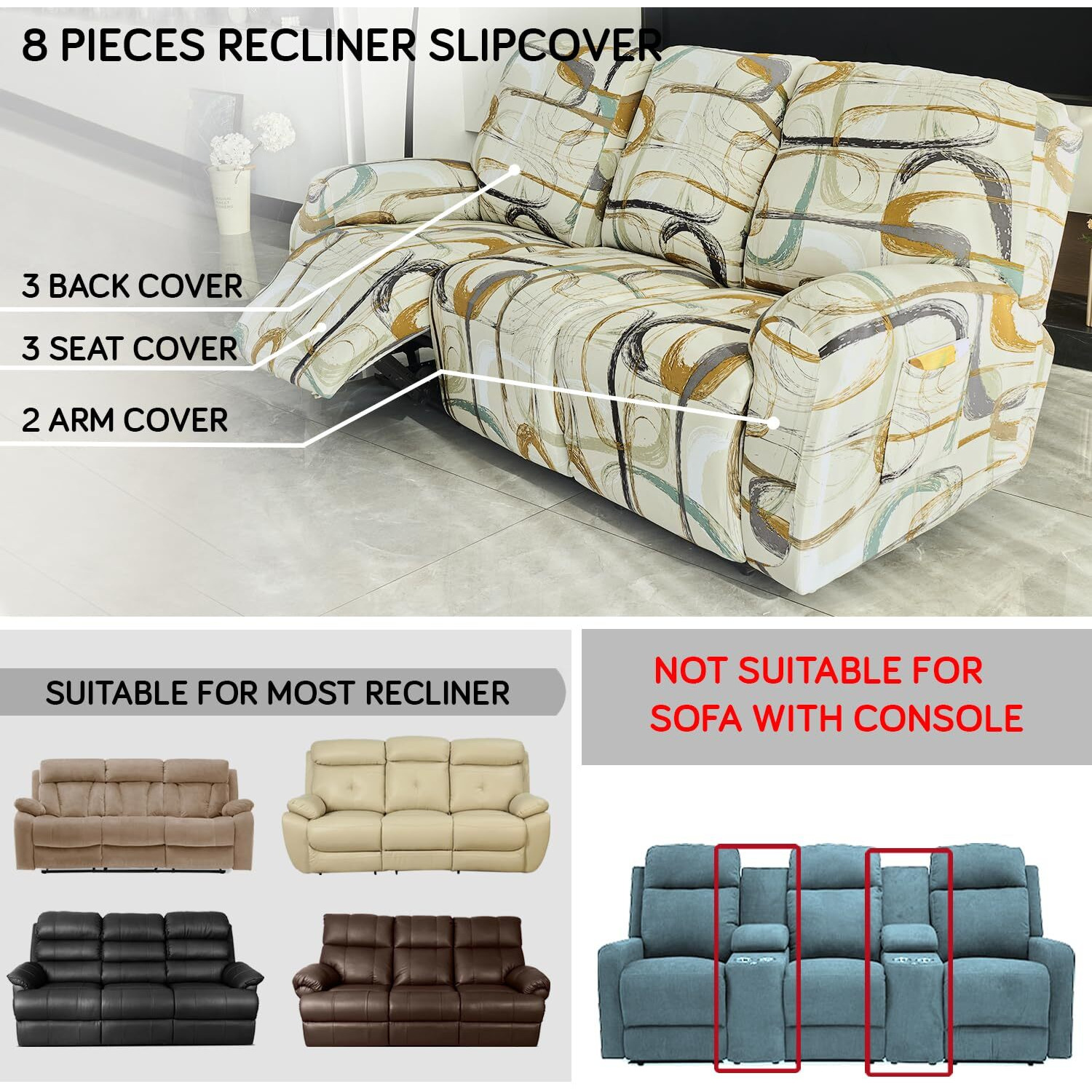 HOKIPO 140gsm Stretchable Recliner Sofa Cover 3 Seater, Parchement Beige Abstract Art (AR-4942-C6)