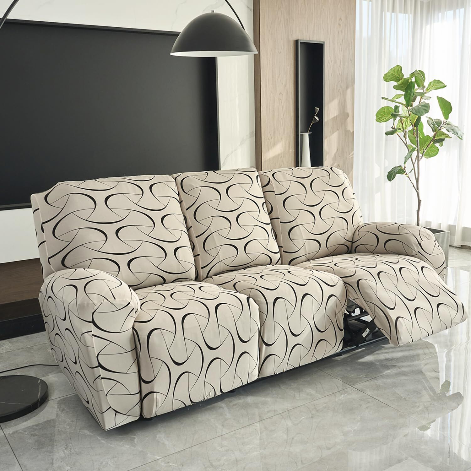 HOKIPO 140gsm Stretchable Recliner Sofa Cover 3 Seater, Natural Beige Abstract Art (AR-4942-C4)