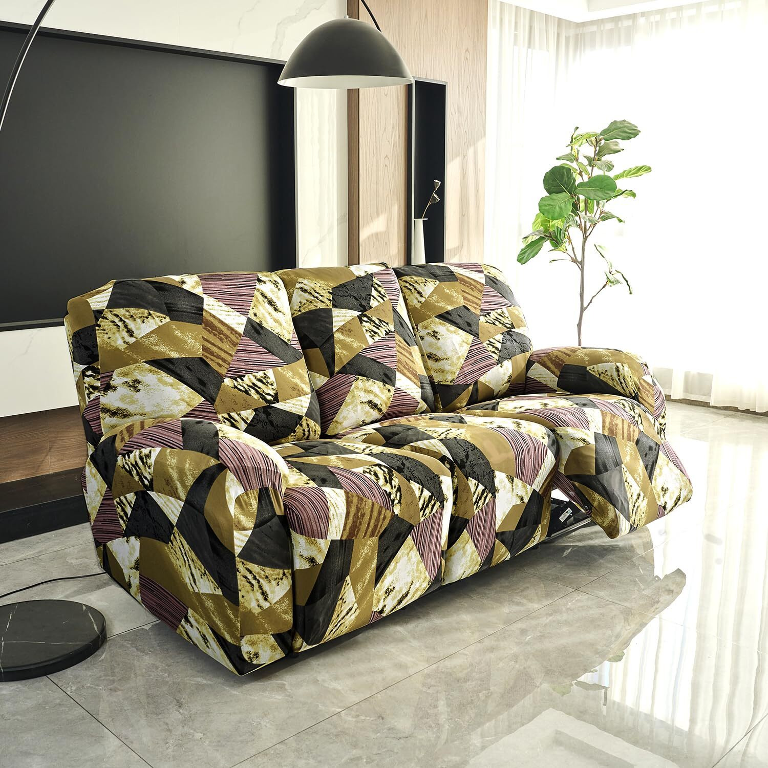 HOKIPO 140gsm Fully Covered Recliner Sofa Cover 3 Seater, Wine Abstract Geometry (AR-4942-C5)