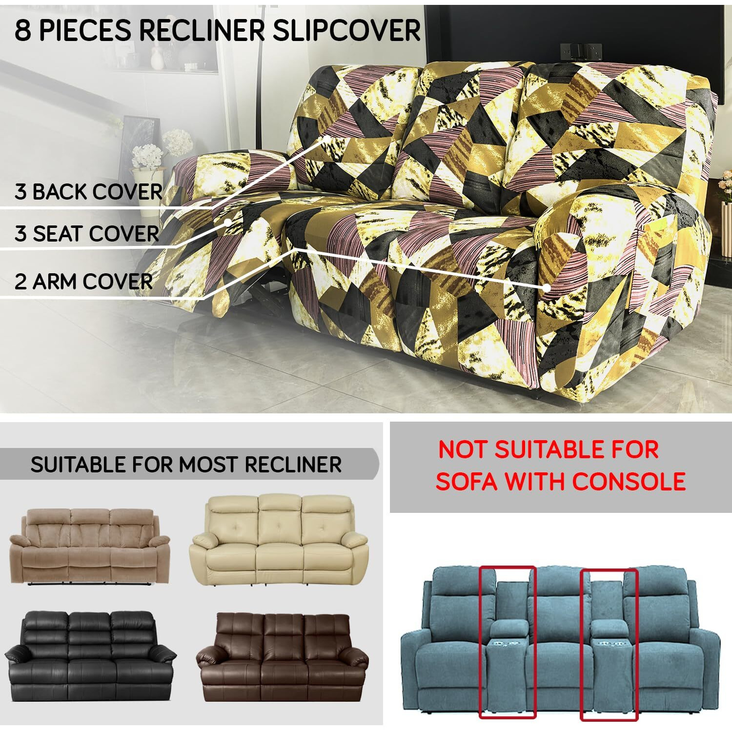 HOKIPO 140gsm Fully Covered Recliner Sofa Cover 3 Seater, Wine Abstract Geometry (AR-4942-C5)