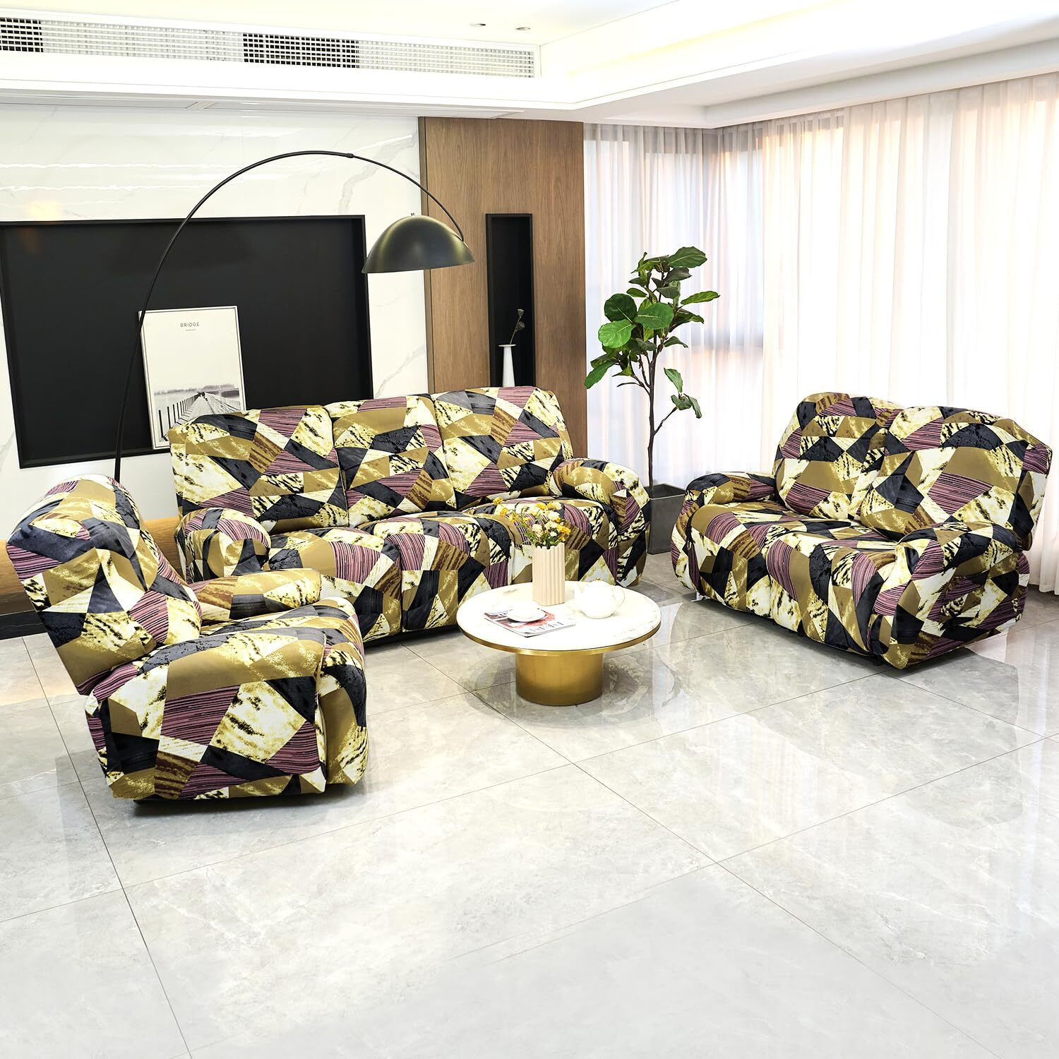 HOKIPO 140gsm Fully Covered Recliner Sofa Cover 3 Seater, Wine Abstract Geometry (AR-4942-C5)