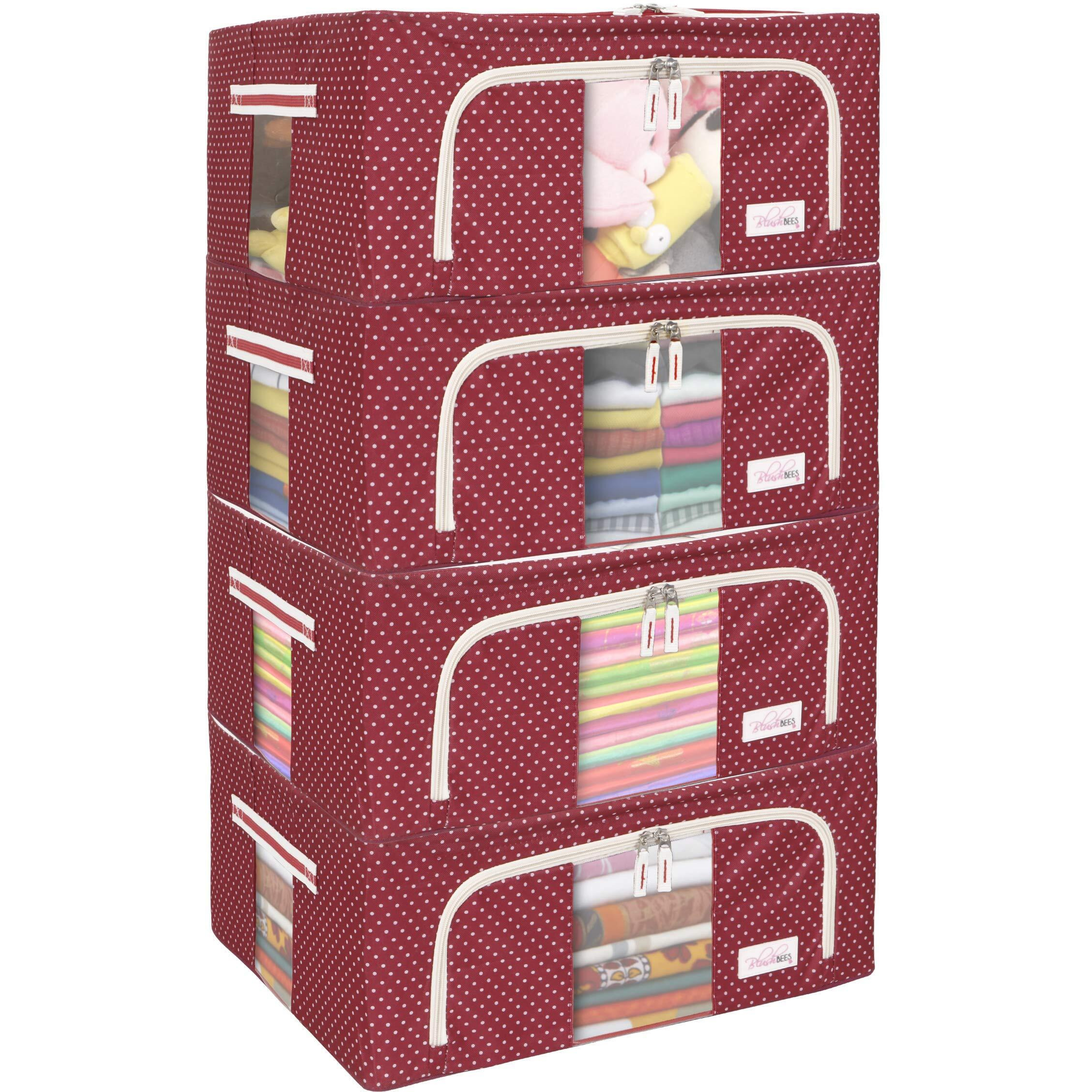 BlushBees Oxford fabric Living Box Foldable Storage Boxes for Clothes, Saree Cover Bags - 44 Litre (Pack of 4, Polka Dot Red)