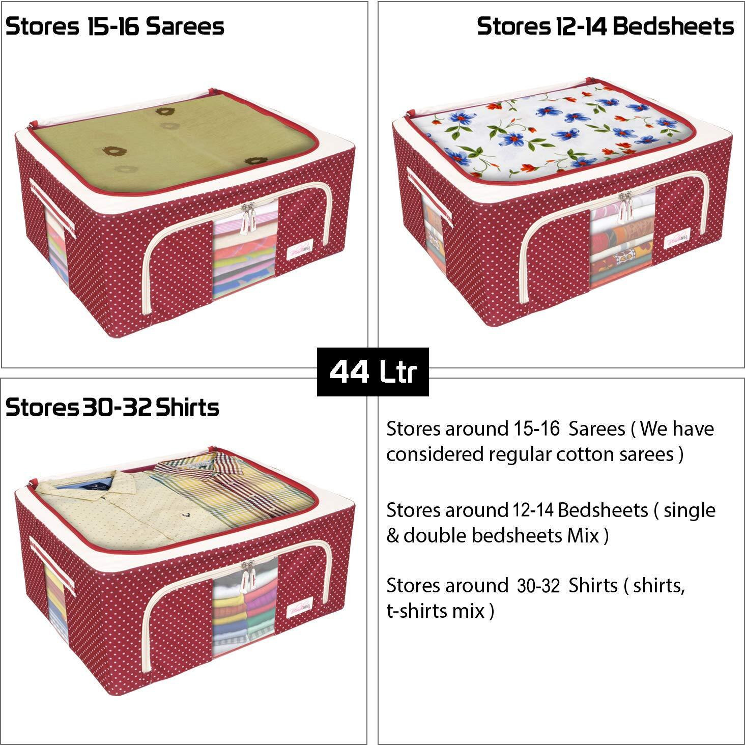 BlushBees Oxford fabric Living Box Foldable Storage Boxes for Clothes, Saree Cover Bags - 44 Litre (Pack of 4, Polka Dot Red)