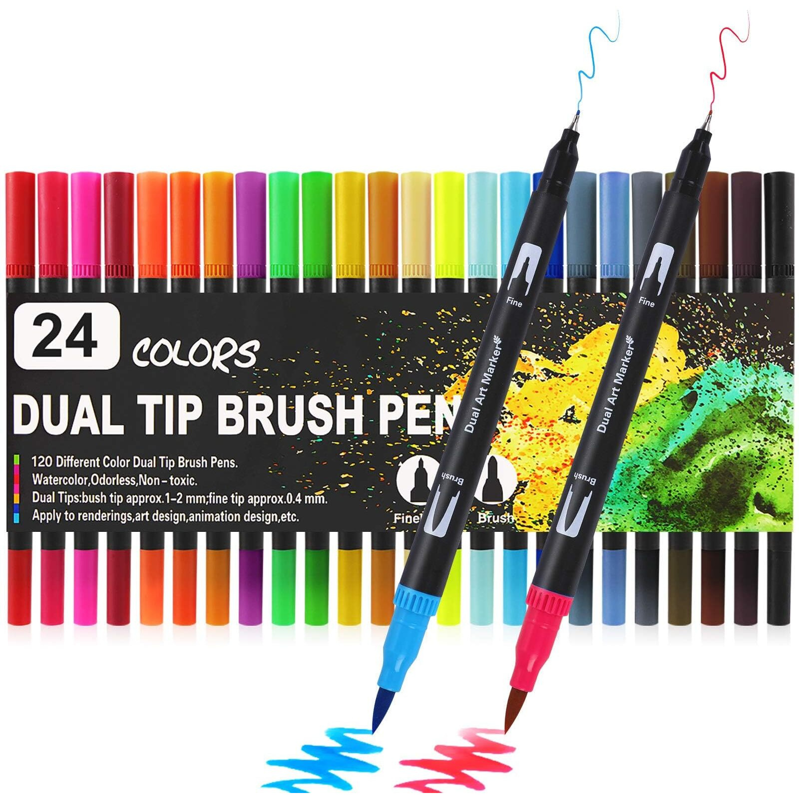 Wynhard Brush Pen Set Sketch Pen Set Drawing Pen Dual Tip Brush Pens Markers for Drawing Brush Pens 24 Shades Art Markers Set Fineliner Color Pens Water Based Marker for Calligraphy Drawing Sketching