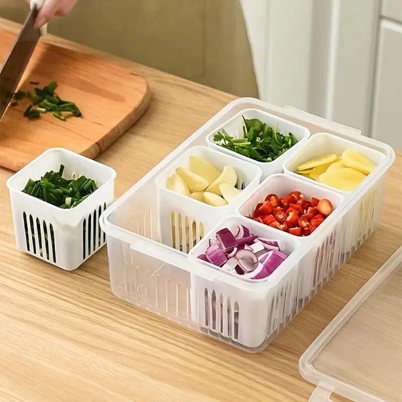 ZUSCHLAG Plastic Fridge Storage Boxes Freezer Storage Containers,Container For Kitchen Storage Set,Storage In Kitchen,Vegetable Storage,Draining Crisper Refrigerator Food Box (1 Pic (6 Grid)),White