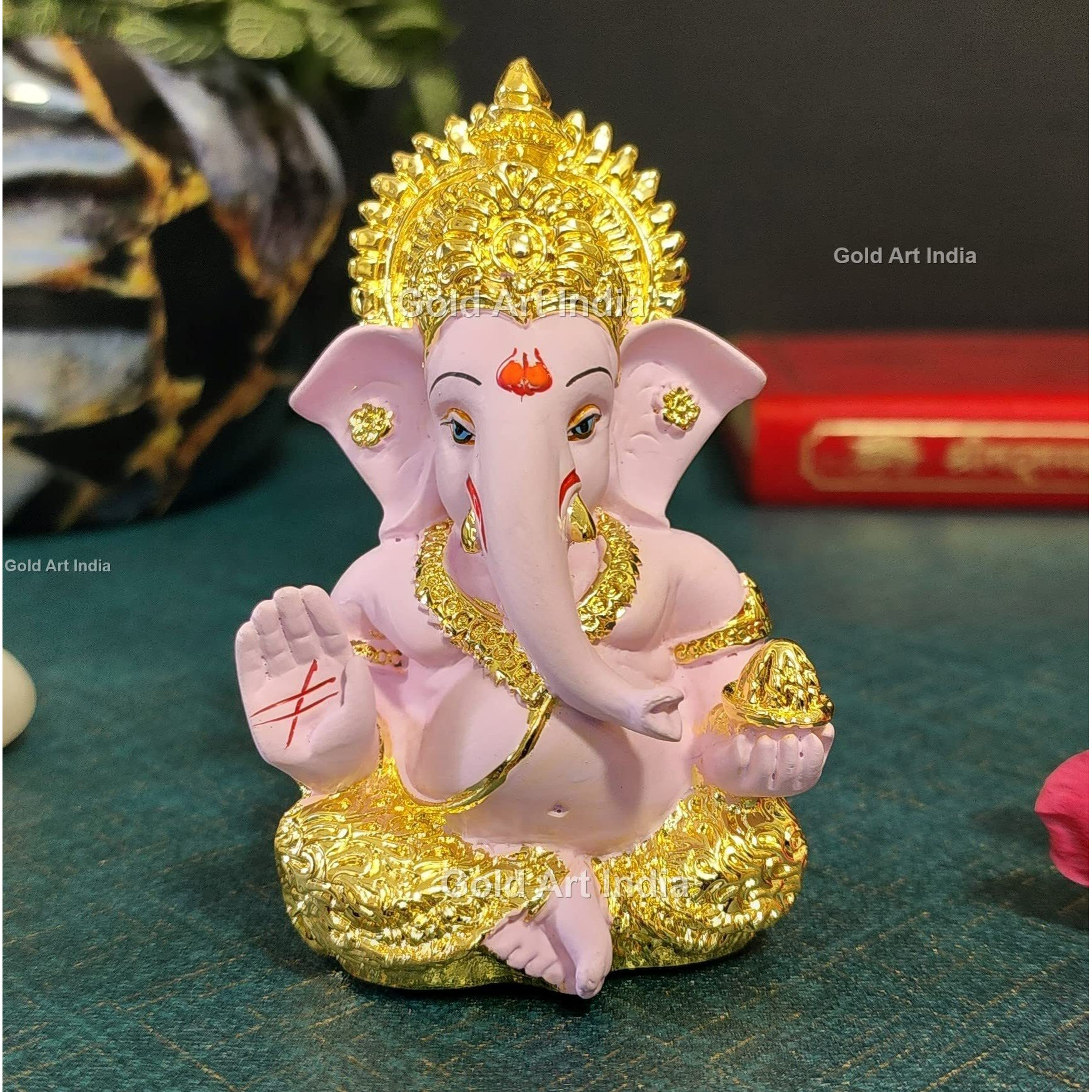 Gold Art India Gold Plated Ganesha with Terracotta Colour - Perfect for Car Dashboards, Office & Home Shelves, Diwali Puja, and Gifting (MukutGoldPink 3.5)